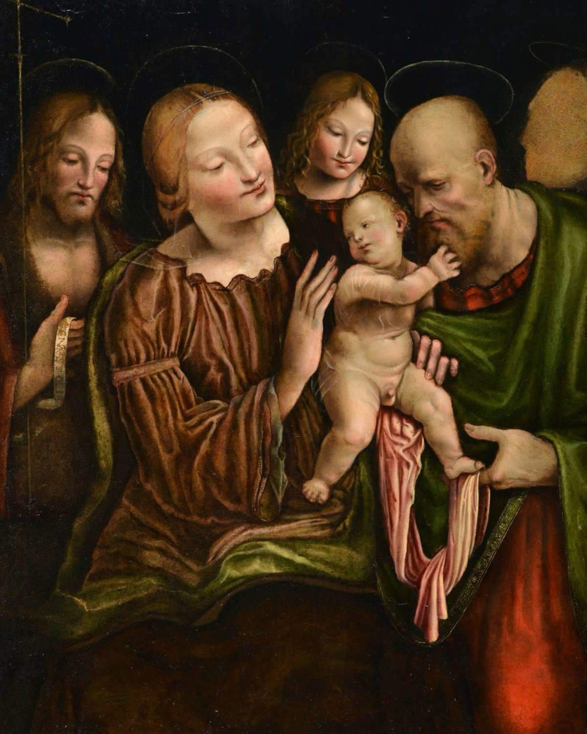 Giovanni Antonio Bazzi, dit « le Sodoma », La Sainte Famille avec saint Jean-Baptiste et un ange (vers 1495-1496 ; tempera sur bois, 74 &times; 57 cm ; collection privée)