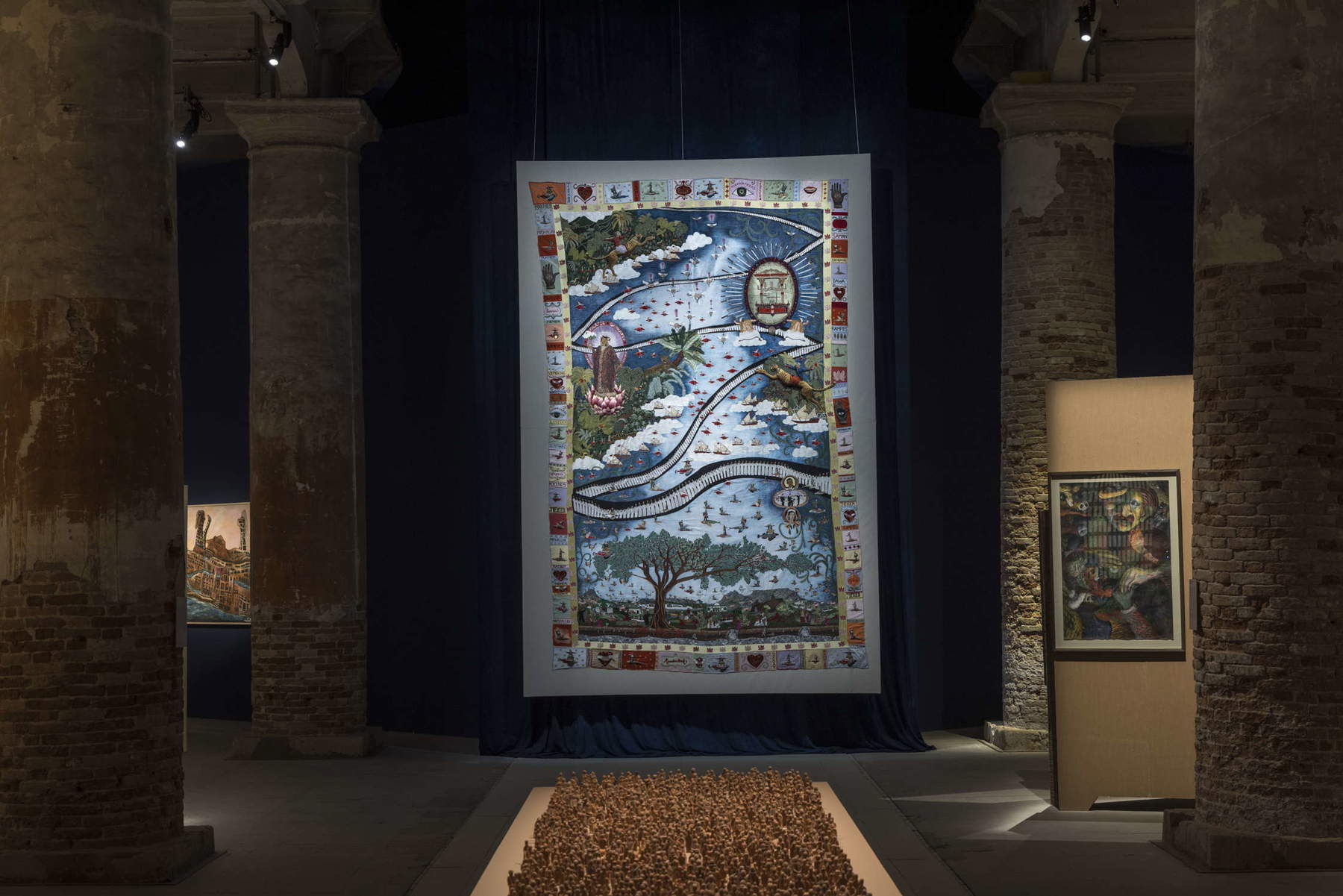 Thania Petersen, *Cosmological Offerings for a Drowning World* (2026; tapestry on linen, 500 &times; 300 cm). Photo: Marco Zorzanello