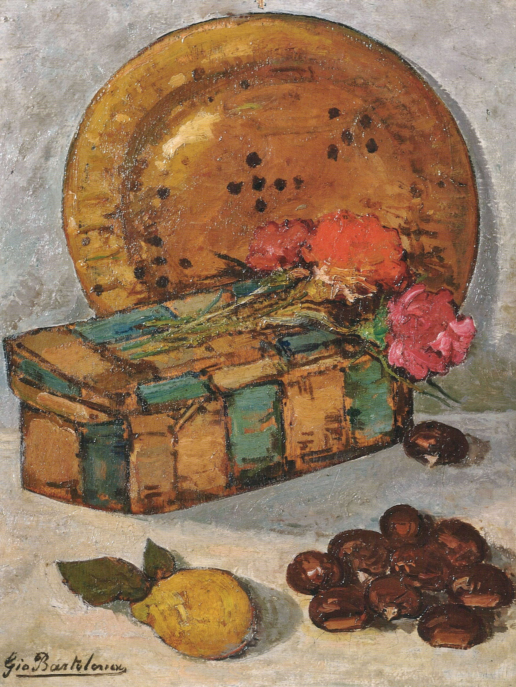 Giovanni Bartolena, Composition aux châtaignes et au citron (vers 1920 ; huile sur bois, 48,5 &times; 37,5 cm ; Viareggio, Société des Beaux-Arts)