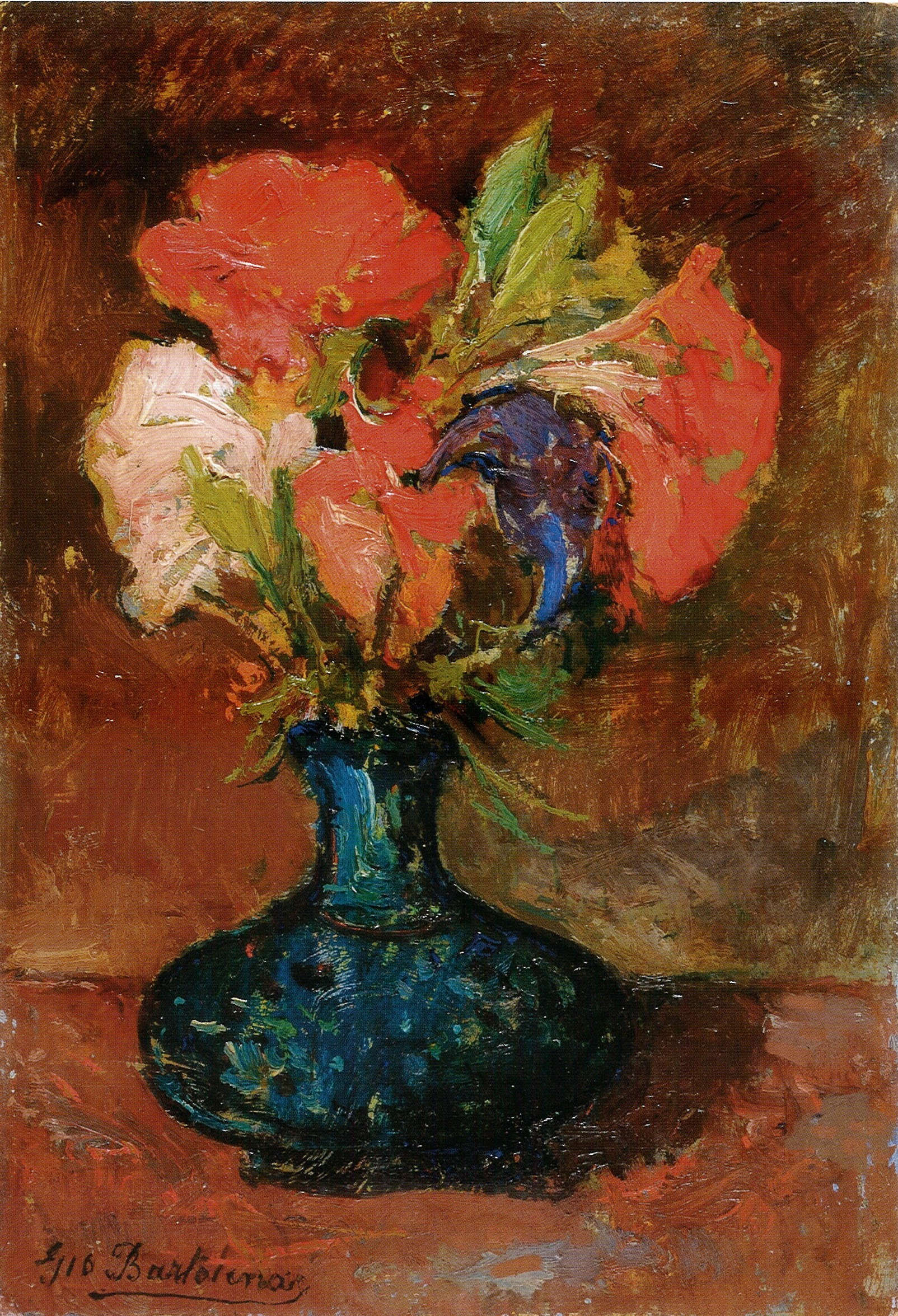Giovanni Bartolena, Œillets dans un vase bleu (vers 1928 ; huile sur carton, 27,3 &times; 19 cm ; collection privée)