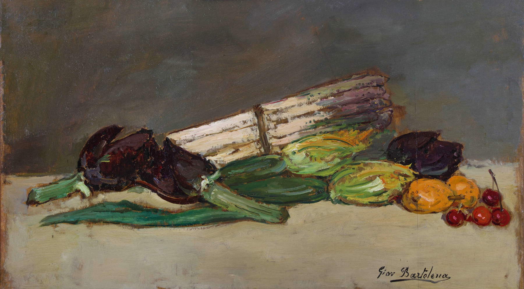 Giovanni Bartolena, Nature morte aux asperges, artichauts, fleurs de courge, prunes et cerises (1935-1940 ; huile sur carton, 34 &times; 61,5 cm ; Fondation Cariparma)