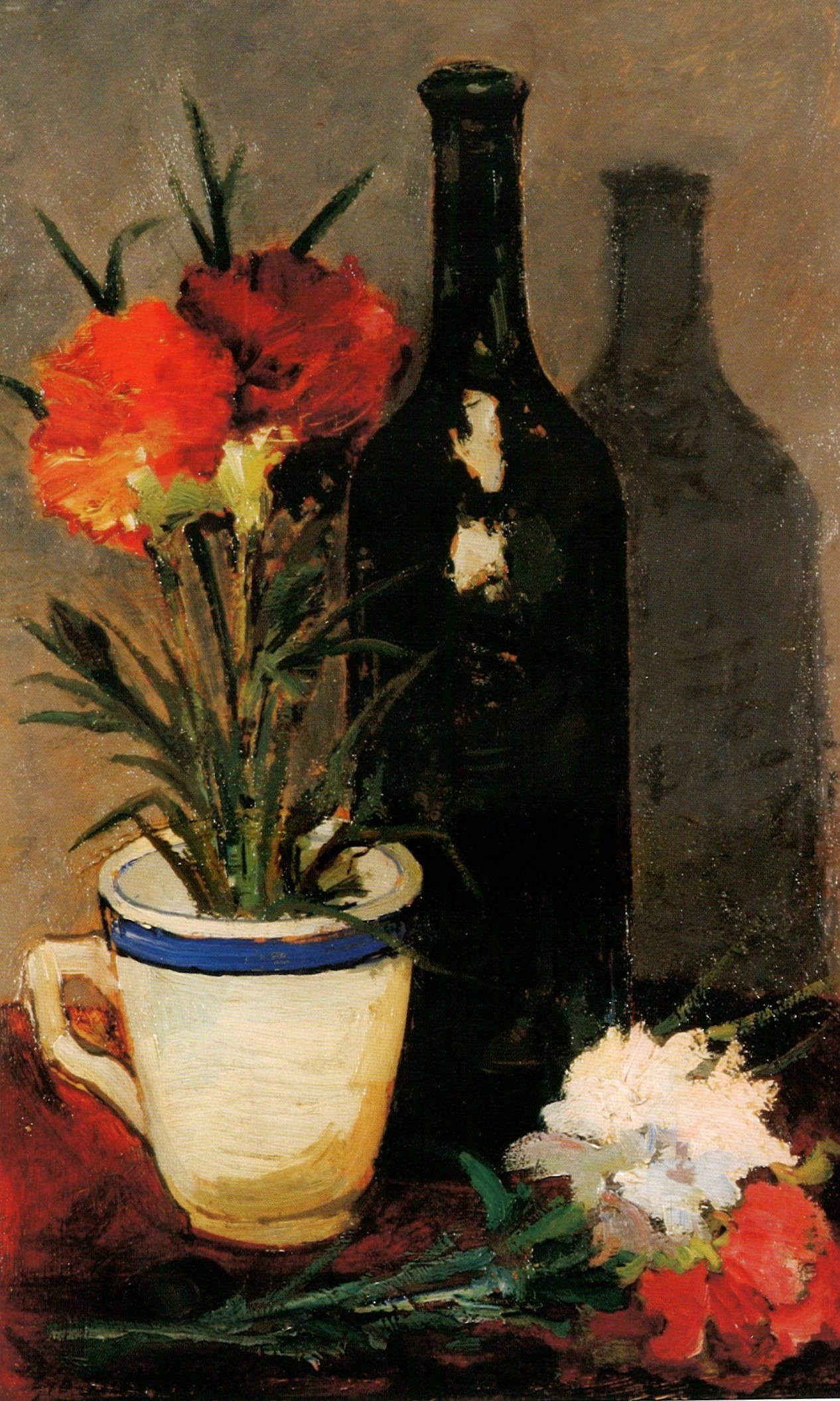 Giovanni Bartolena, Nature morte avec une bouteille, une tasse et des œillets (1915-1920 ; huile sur bois, 42,5 &times; 26 cm ; collection privée)