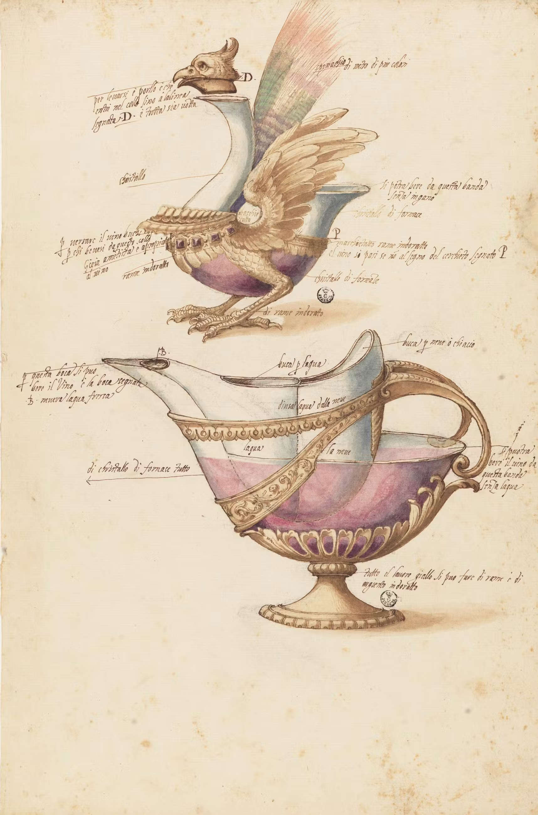 Jacopo Ligozzi, Modelli per bicchieri da capriccio (1617-1618; penna e inchiostro, inchiostro diluito, pigmenti policromi di origine naturale, 430 x 285 mm; Firenze, Gallerie degli Uffizi, Gabinetto dei Disegni e delle Stampe, inv. n. 97186)