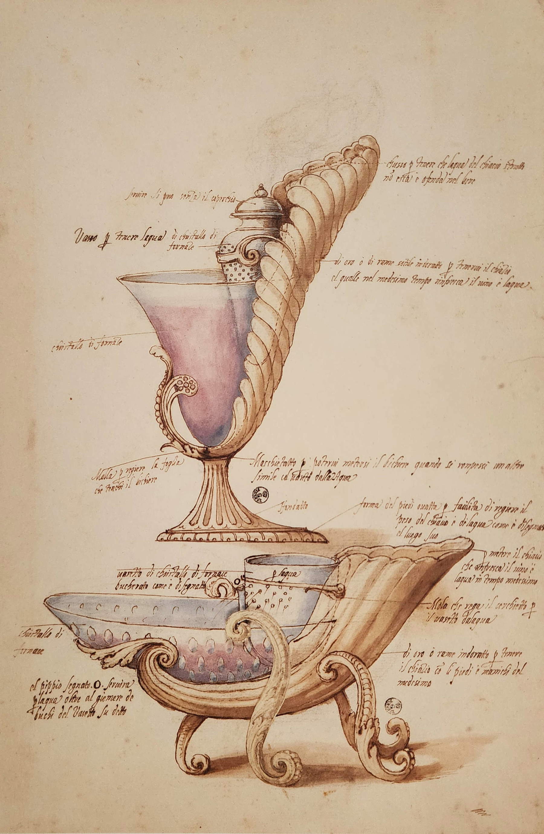 Jacopo Ligozzi, Modelli per bicchieri da capriccio (1617-1618; penna e inchiostro, inchiostro diluito, pigmenti policromi di origine naturale, tracce di pietra nera, 430 x 287 mm; Firenze, Gallerie degli Uffizi, Gabinetto dei Disegni e delle Stampe, inv. n. 97184)