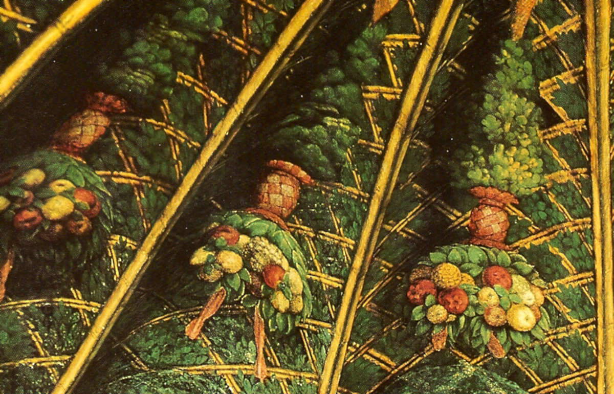 I turgidi pendoni gratificanti.   Tutti i sedici pendoni mostrano una affascinante ricchezza di frutta. I limoni a significare la luce;  le melagrane con i loro granuli a indicare il martirio; le pigne chiuse che sostengono la castit&agrave;; le nespole della pazienza; e infine le mele e le pesche dai dolci succhi.