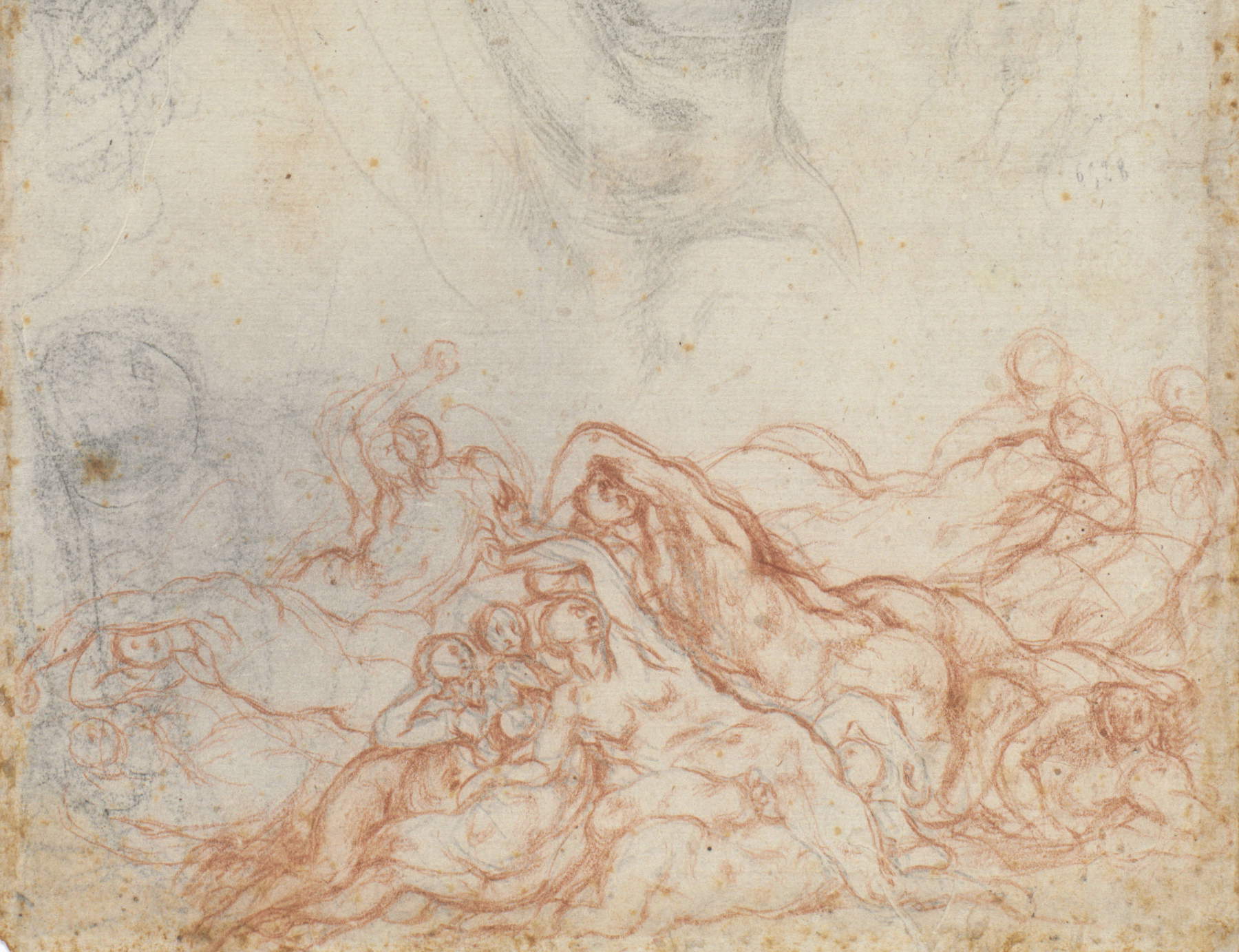 Pontormo, Studie für das Fresko „Die Sintflut“ in San Lorenzo (um 1546; roter Gips auf Papier, 419 x 216 mm; Florenz, Uffizien, Kabinett für Zeichnungen und Drucke)