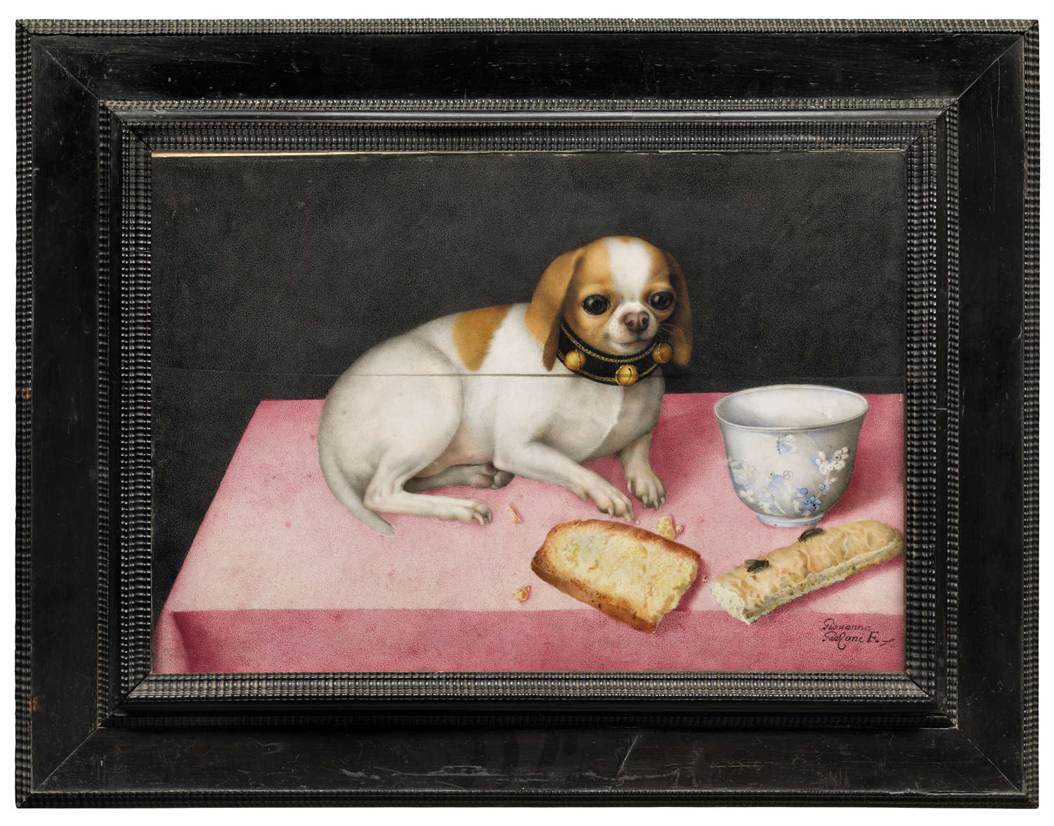 Giovanna Garzoni, Canina con biscotti e una tazza cinese (1648 circa; tempera su pergamena, 27,5 x 39,5 cm; Firenze, Gallerie degli Uffizi, Galleria Palatina, inv. 1890 n. 4770)