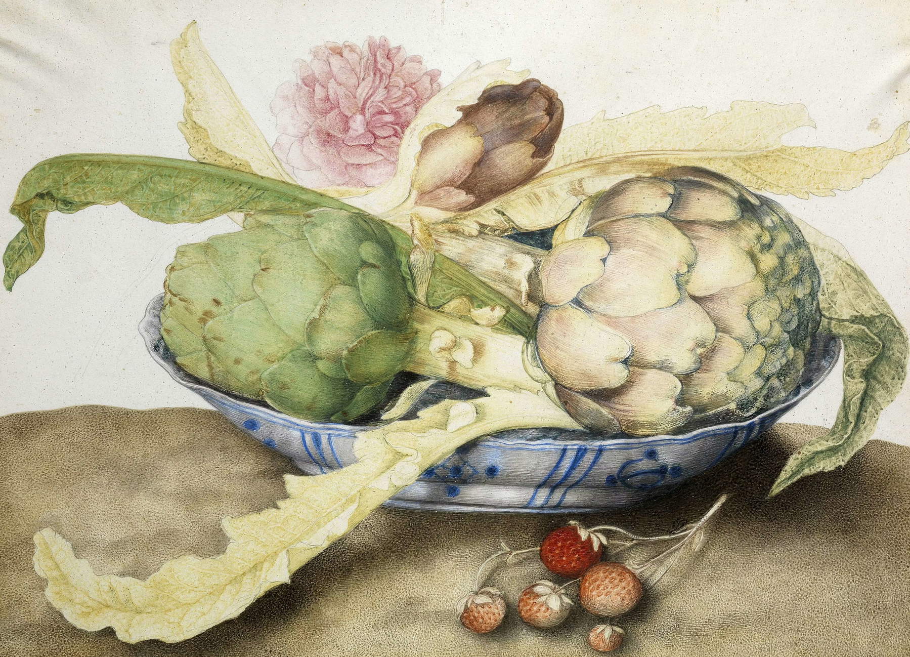 Giovanna Garzoni, Ciotola cinese con carciofi e fragole (1655&ndash;1662 circa; tempera su pergamena, 23,5 x 38,5 cm; Firenze, Gallerie degli Uffizi, Galleria Palatina, inv. 1890, n. 4760)