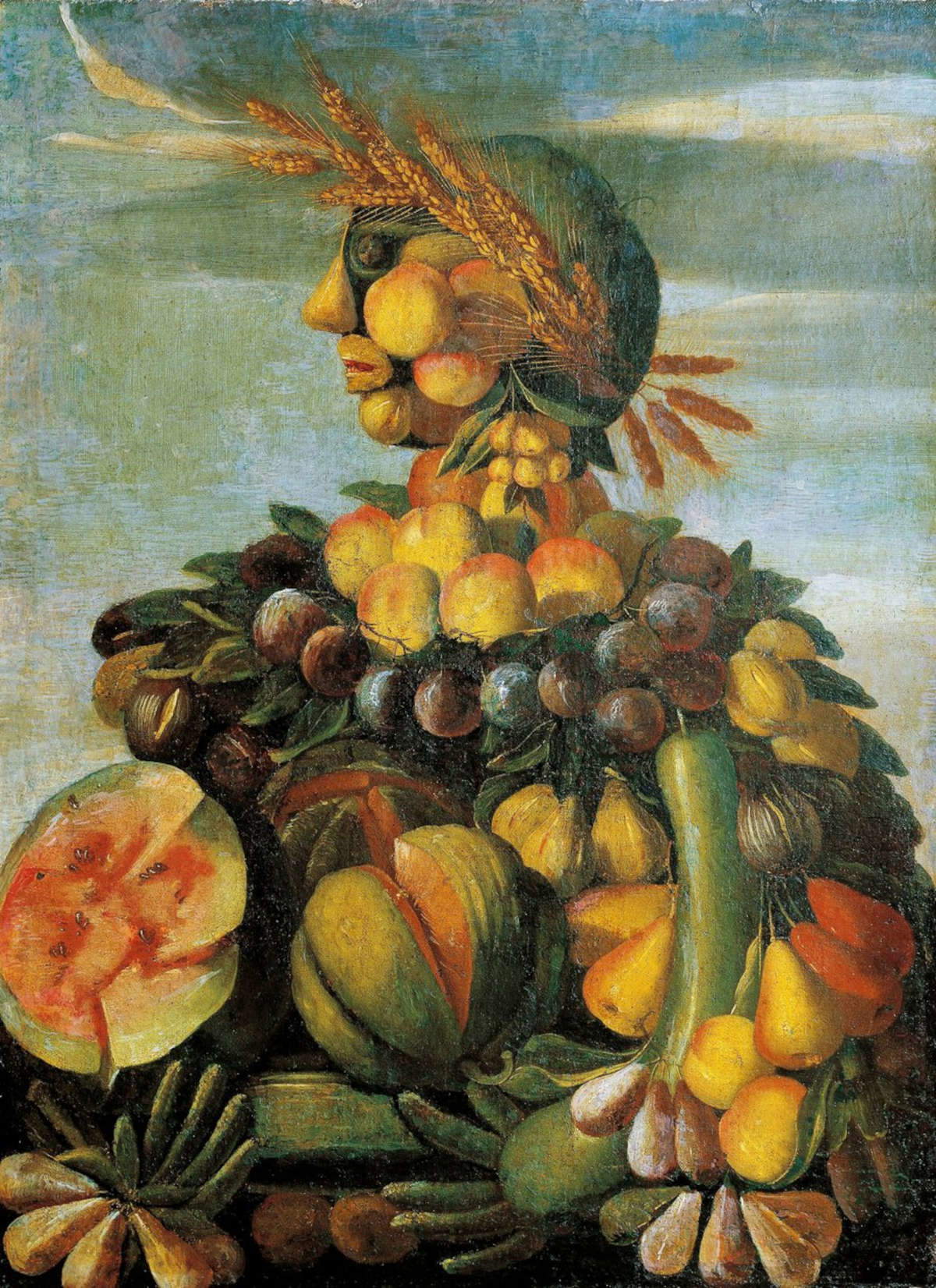 Seguace di Giuseppe Arcimboldo, Natura morta con frutta o L'Estate (1575-1599; olio su tela; Firenze, Palazzo Bardini, Galleria Corsi)