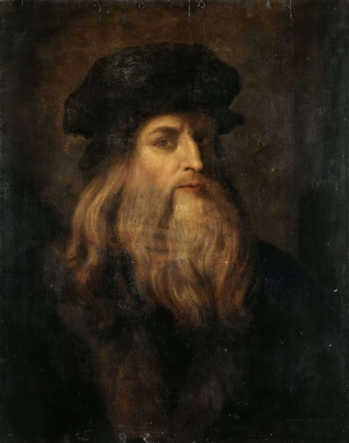 17th-century Florentine painter, Portrait of Leonardo da Vinci (late 17th century; panel, 73 x 58 cm; Florence, Uffizi Galleries, inv. 1890 no. 1717)