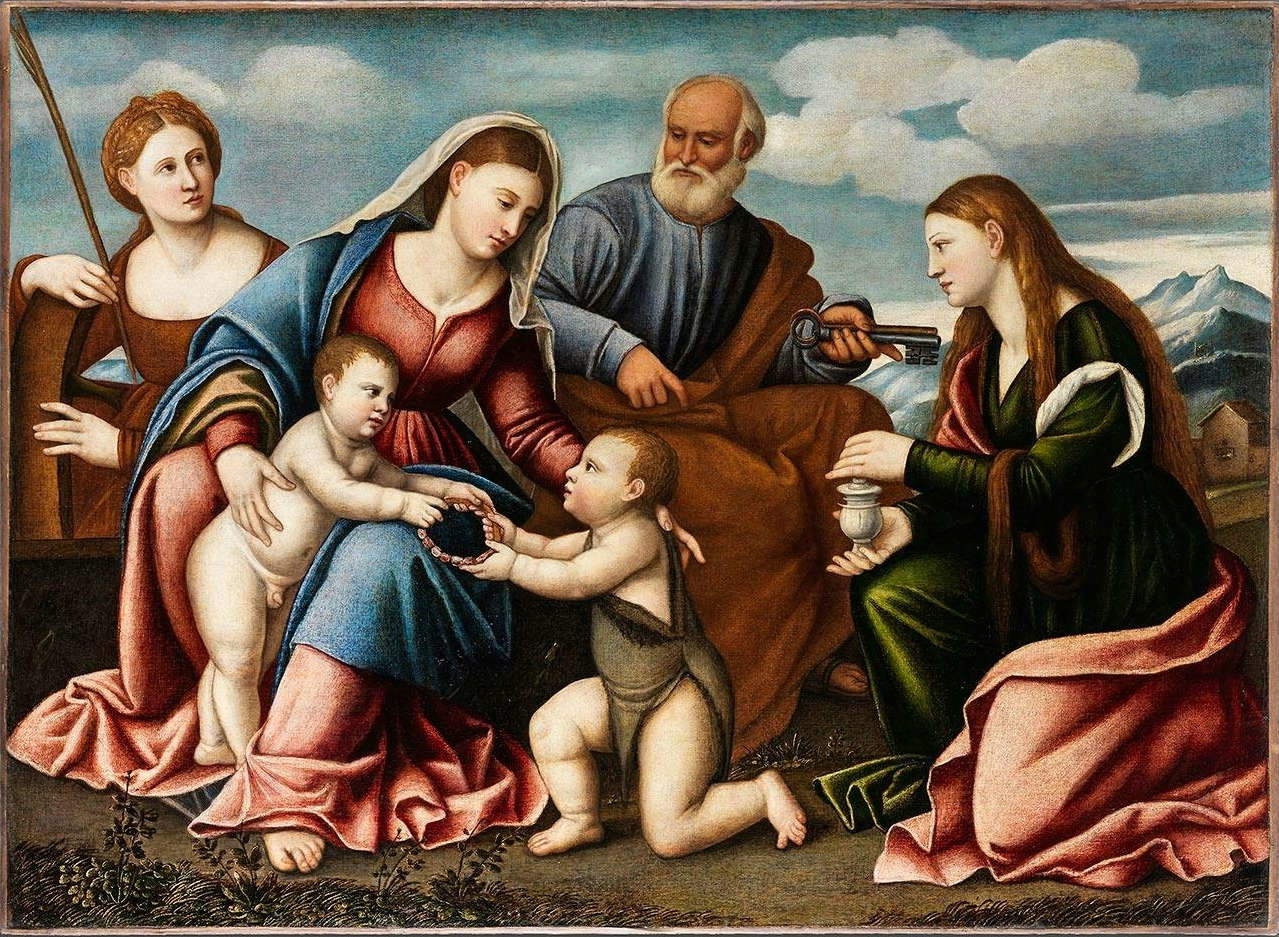 Bernardino Licinio (Zirkus), Heilige Konversation (Anfang des 16. Jahrhunderts; Öl auf Leinwand, 113 x 155 cm). Präsentiert von: Bonanomi Antiquariato. Preisvorstellung: 25.000 Euro