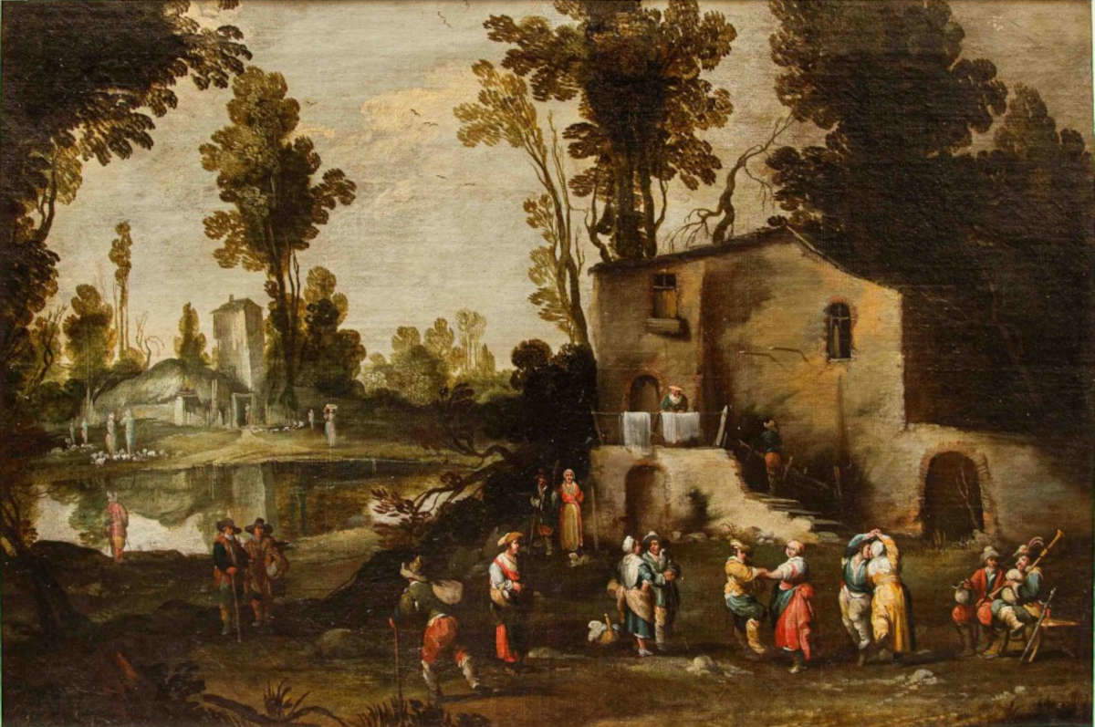 Meister der Accademia Ligustica, Ländliche Landschaft mit Figuren (erste Hälfte des 17. Jahrhunderts; Öl auf Leinwand, 76,5 x 114,3 cm). Präsentiert von: Ars Antiqua. Preisvorstellung: 6.000 Euro
