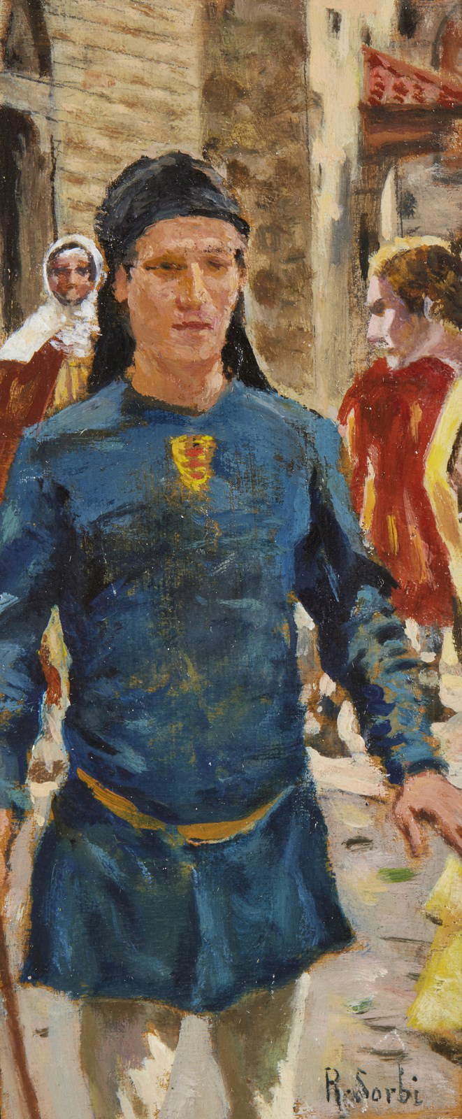 Raffaello Sorbi, Figur in mittelalterlicher Kleidung (Öl auf Holz, 14 x 6 cm). Präsentiert von: Campopiano. Preisvorstellung: 1.500 Euro