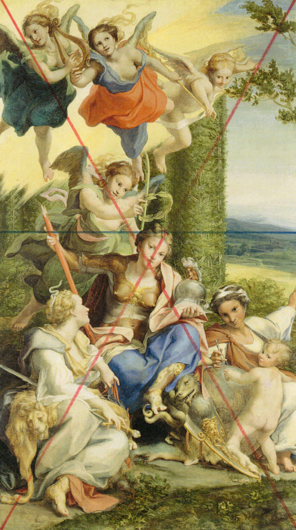 Kompositionsentwurf des ersten Entwurfs für die „Allegorie der Tugend“ oder „Weisheit“. Das unvollendete Gemälde befindet sich in der Galerie Doria Pamphili in Rom. Wie man sieht, weisen die Diagonalen keine genaue Entsprechung auf.
