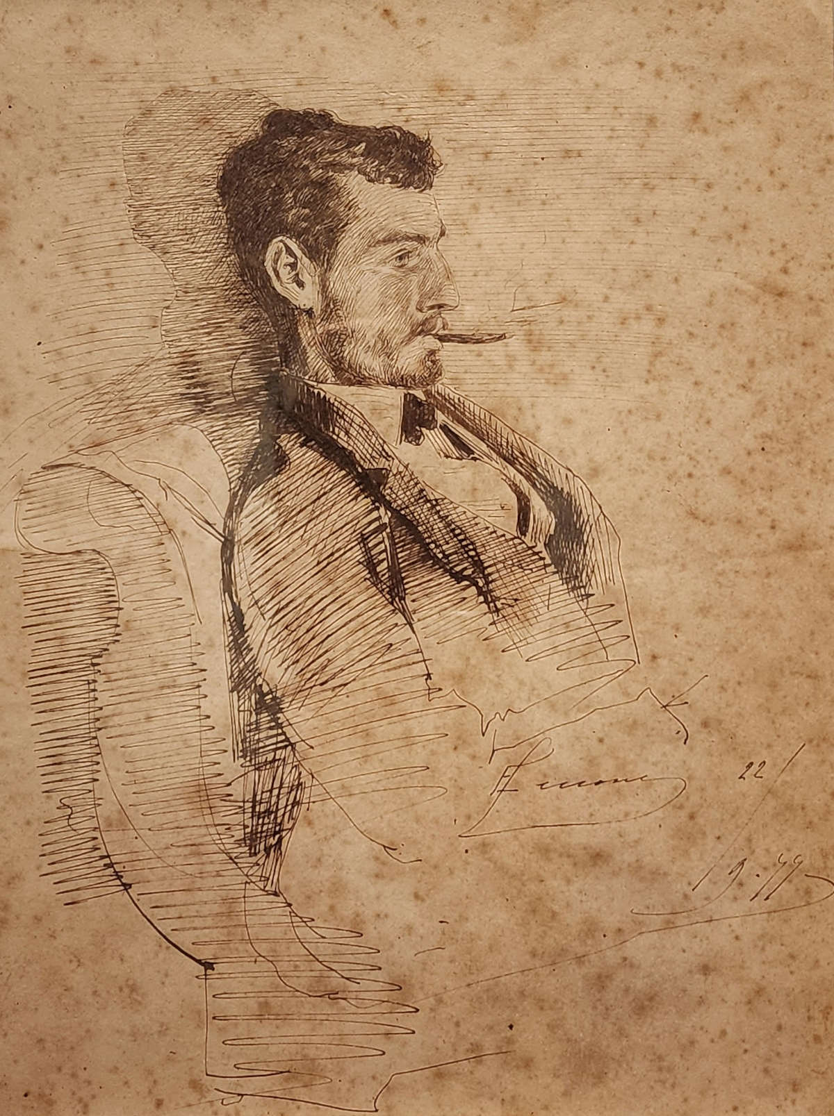 Eugenio Cecconi, Porträt von Luigi Gioli (1877; Tusche auf Papier, 250 x 190 mm; Privatsammlung)