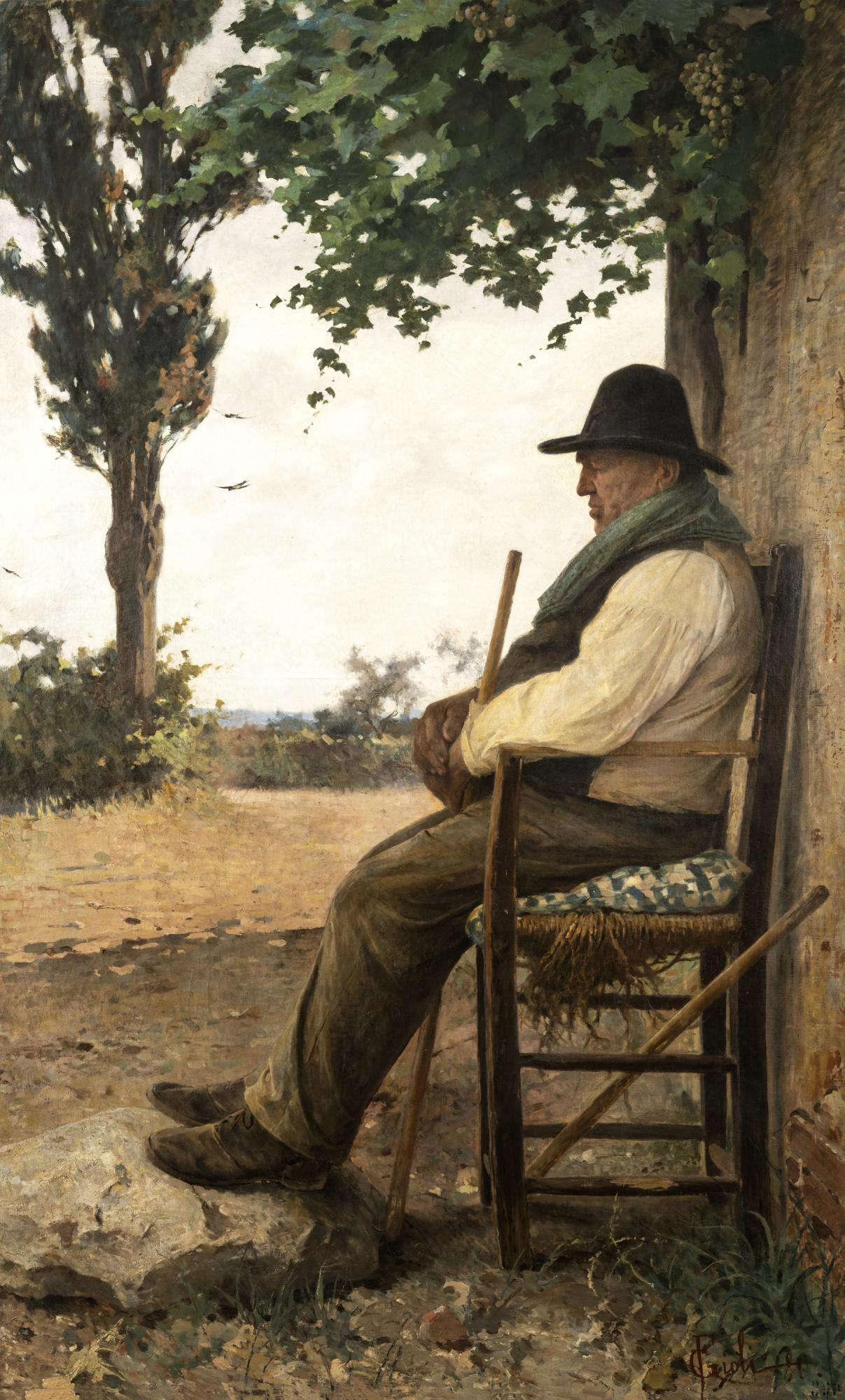 Francesco Gioli, Der blinde Großvater (1880; Öl auf Leinwand, 204 × 121 cm; Pisa, Museo di Palazzo Reale, Inv. 2252)