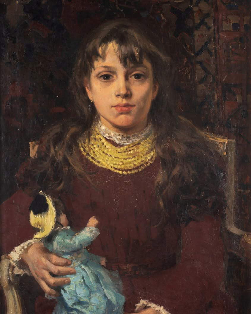 Francesco Gioli, Porträt von Fernanda Gioli mit einer Puppe (um 1877; Öl auf Leinwand, 66 x 44 cm; Privatsammlung)