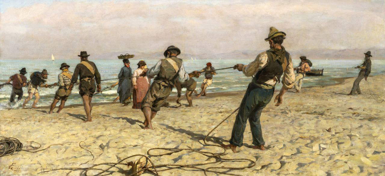 Francesco Gioli, „Fischfang mit Schleppnetz“ (1887; Öl auf Leinwand, 80 x 140 cm; Privatsammlung). Mit freundlicher Genehmigung von 800/900 Artstudio, Livorno-Lucca