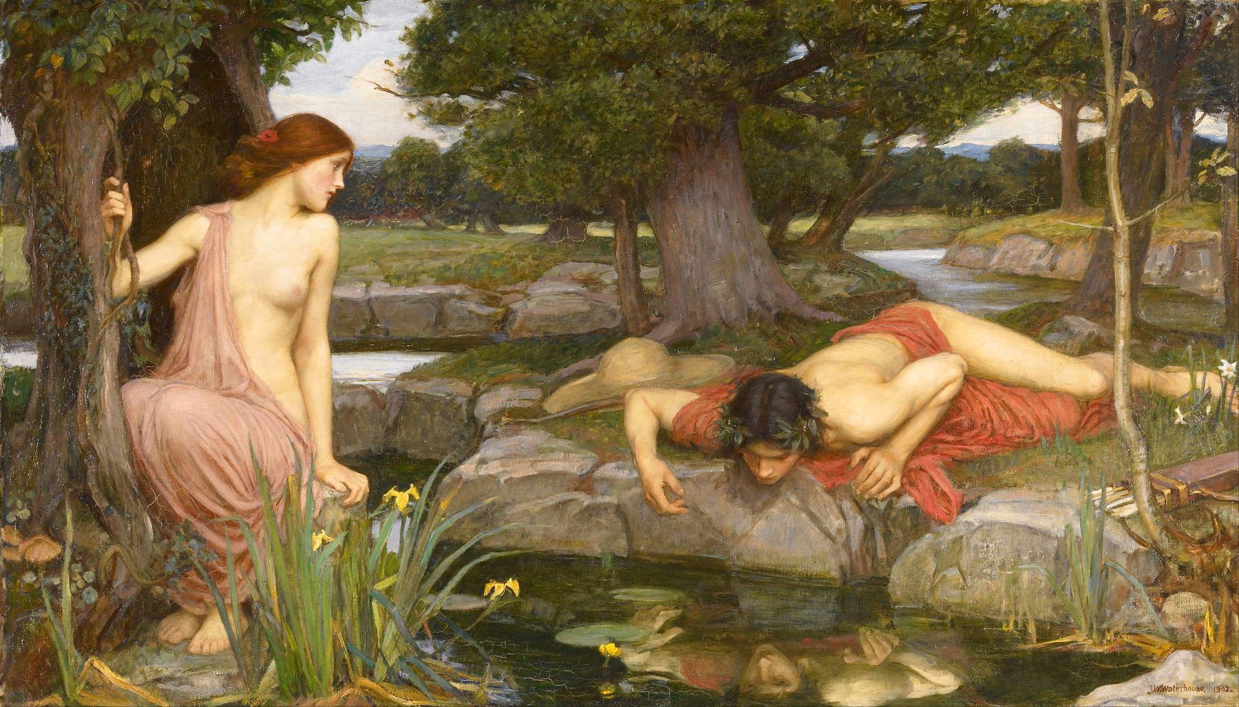 John William Waterhouse, Eco y Narciso (1903; óleo sobre lienzo, 109 &times; 189 cm; Liverpool, Walker Art Gallery)