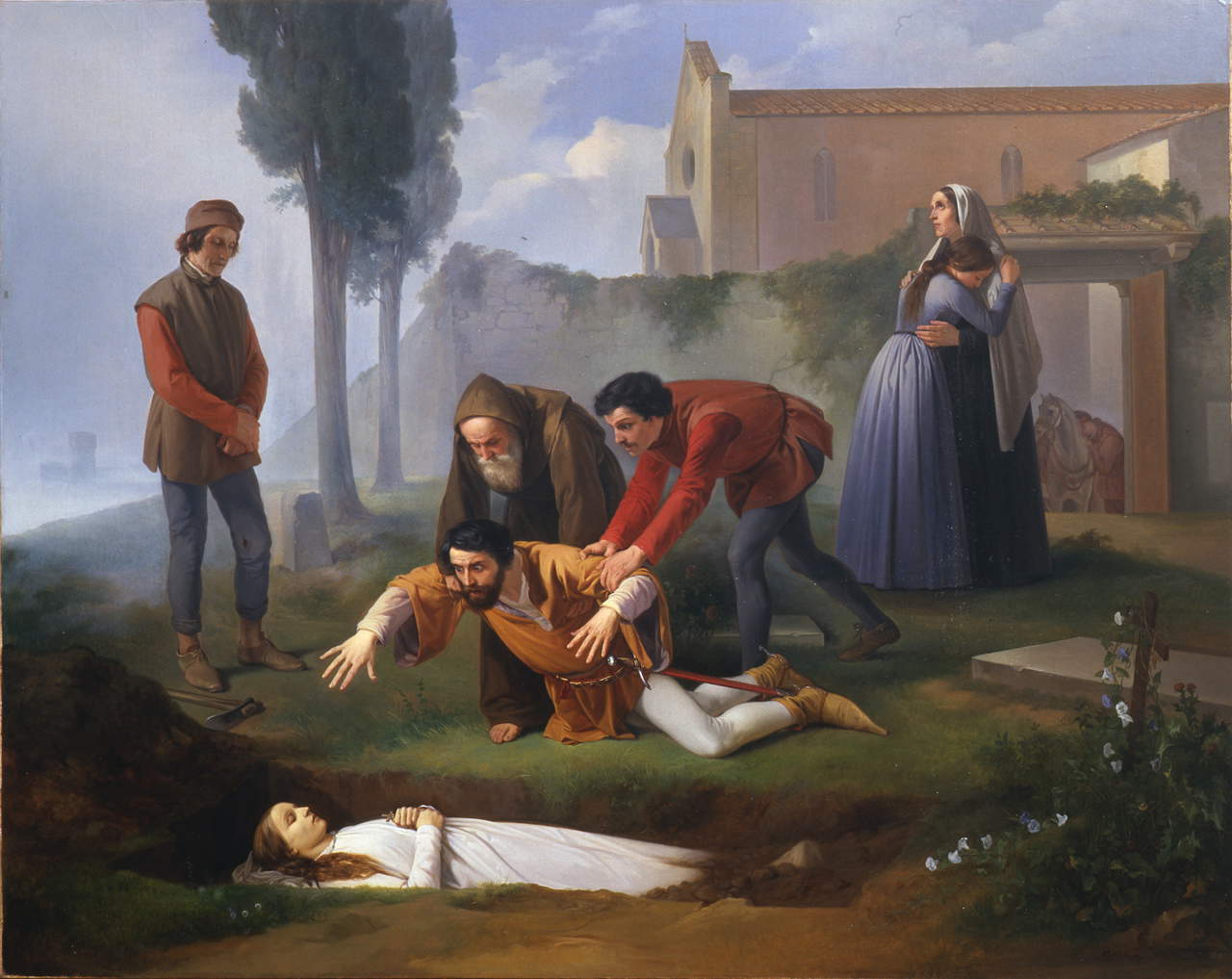 Enrico Pollastrini, Nello devant la tombe de Pia de' Tolomei (1851 ; huile sur toile, 147,5 x 189,5 cm ; Florence, Galeries des Offices, Galerie d'art moderne du palais Pitti)