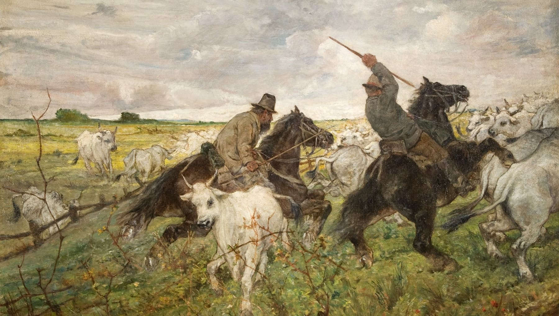 Giovanni Fattori, « Butteri et troupeaux en Maremme » (1894 ; huile sur toile, 105 &times; 150 cm ; Sienne, Rocca Salimbeni, collection de la Banca Monte dei Paschi di Siena)