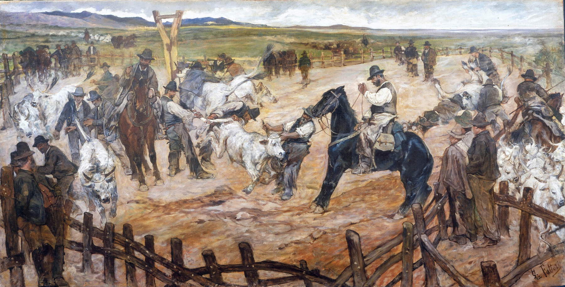 Giovanni Fattori, Le marquage des veaux dans la Maremme (vers 1887 ; huile sur toile, 86 &times; 172 cm ; collection privée)