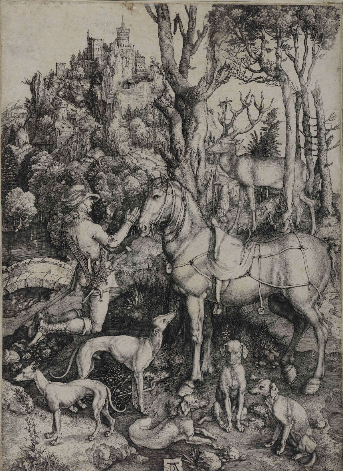 Albrecht D&uuml;rer, San Eustaquio (1501; grabado y buril sobre papel, 357 x 258 mm; Bassano del Grappa, MBA Musei Biblioteca Archivio, Inv. Coll.Rem.I.1.355.5458)