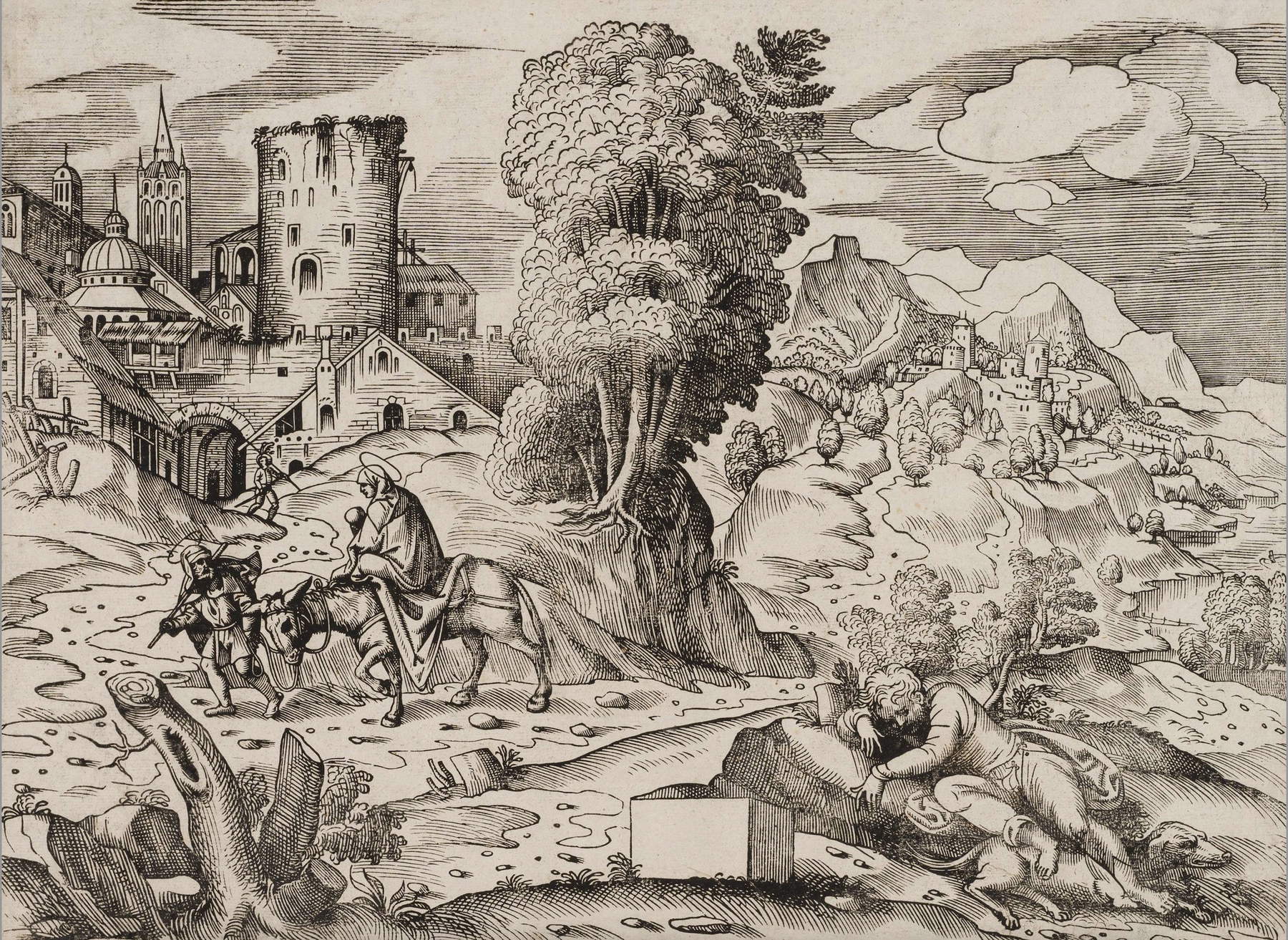Domenico Campagnola (?), La huida a Egipto (siglo XVI; xilografía, 537 x 760 mm; Bassano del Grappa, MBA Musei Biblioteca Archivio, Inv. Coll.Rem.III.80.138)