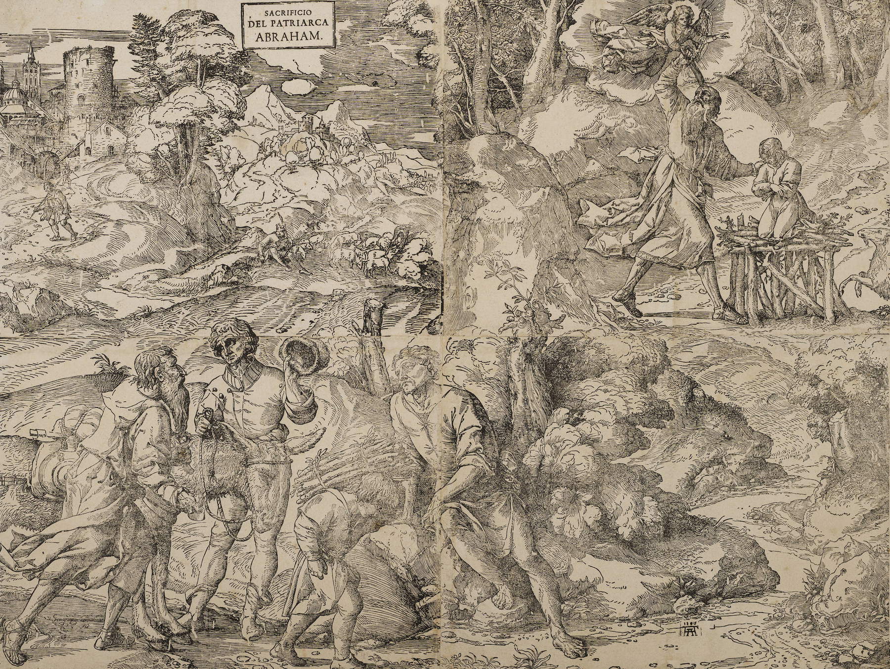 Ugo da Carpi (de Tiziano Vecellio), El sacrificio de Isaac (h. 1516; xilografía en cuatro bloques, 798 x 1064 mm; Venecia, Fundación de Museos Cívicos de Venecia, Gabinete de Dibujos y Grabados, Ca' Rezzonico, inv. Vol. St. Molin gr. 73) &copy; Archivo fotográfico - Fundación de Museos Cívicos de Venecia