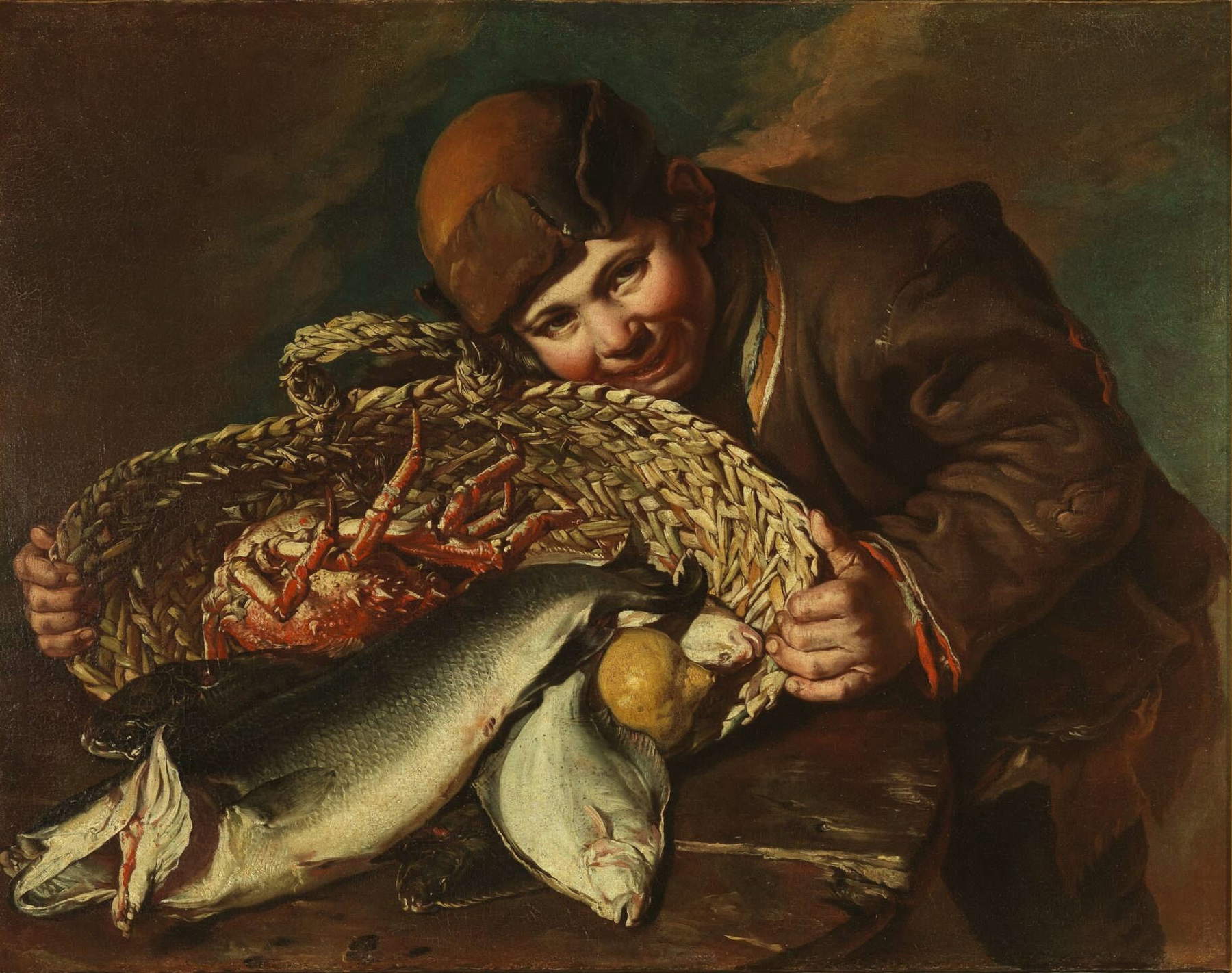 Giacomo Ceruti, Ragazzo con cesta di pesci e granseole (1735-1740 circa; olio su tela, 56 &times; 73 cm; Firenze, Gallerie degli Uffizi, Palazzo Pitti, inv. 1911 n. 301)