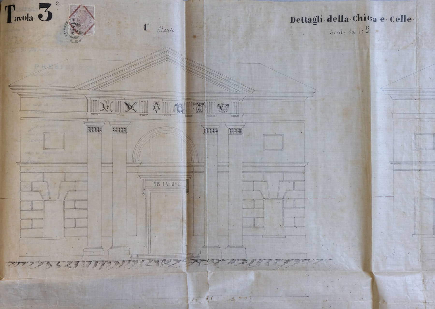 Francesco Bourelly, progetto per la chiesa del nuovo cimitero di Marcognano, dettaglio con l'alzato della cappella centrale, 1868. ASMs, Comune di Carrara, Serie I, b. 673, fasc. Atti d'incanto, Tav. III