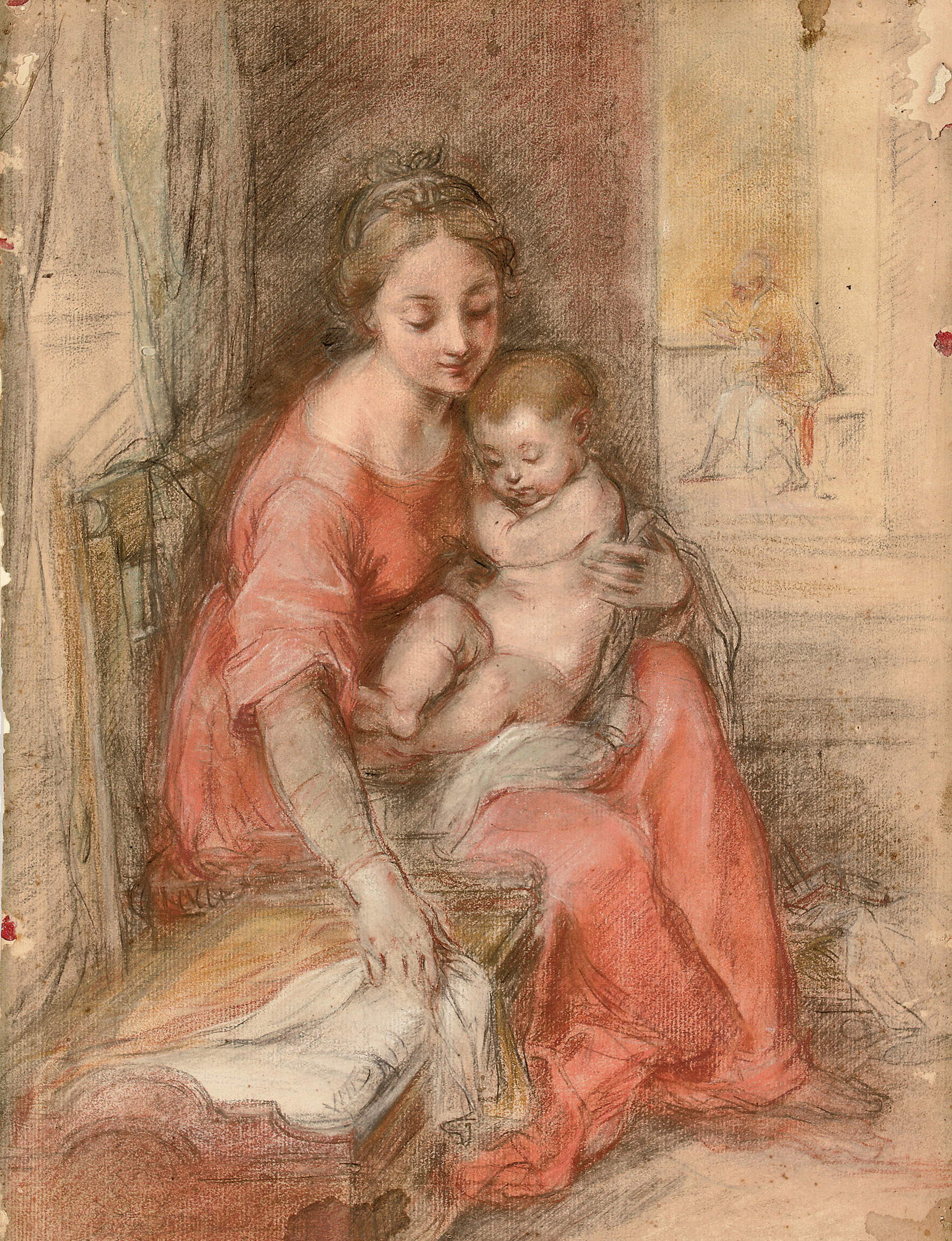 Federico Barocci, Study for the Albani Madonna (1612; black, red, ochre, and white chalk; traces of stylus; 420 x 300 mm; Private collection)