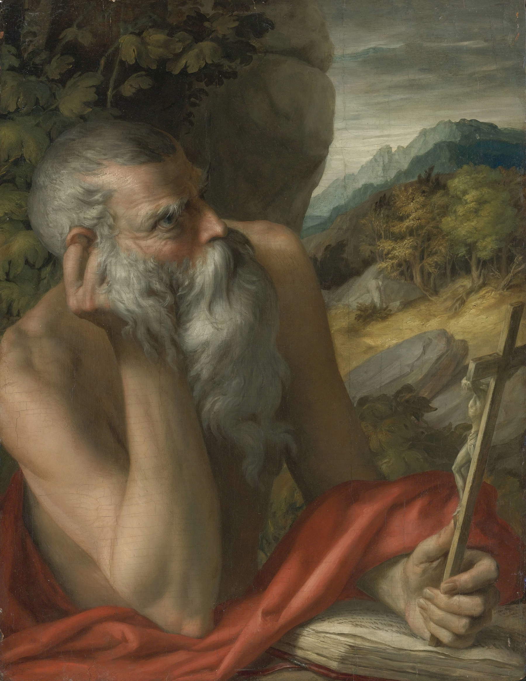 Aus dem Umfeld von Parmigianino oder ein moderner Fälscher, Der heilige Hieronymus (Öl auf Holz, 28 × 56 cm; Privatsammlung)