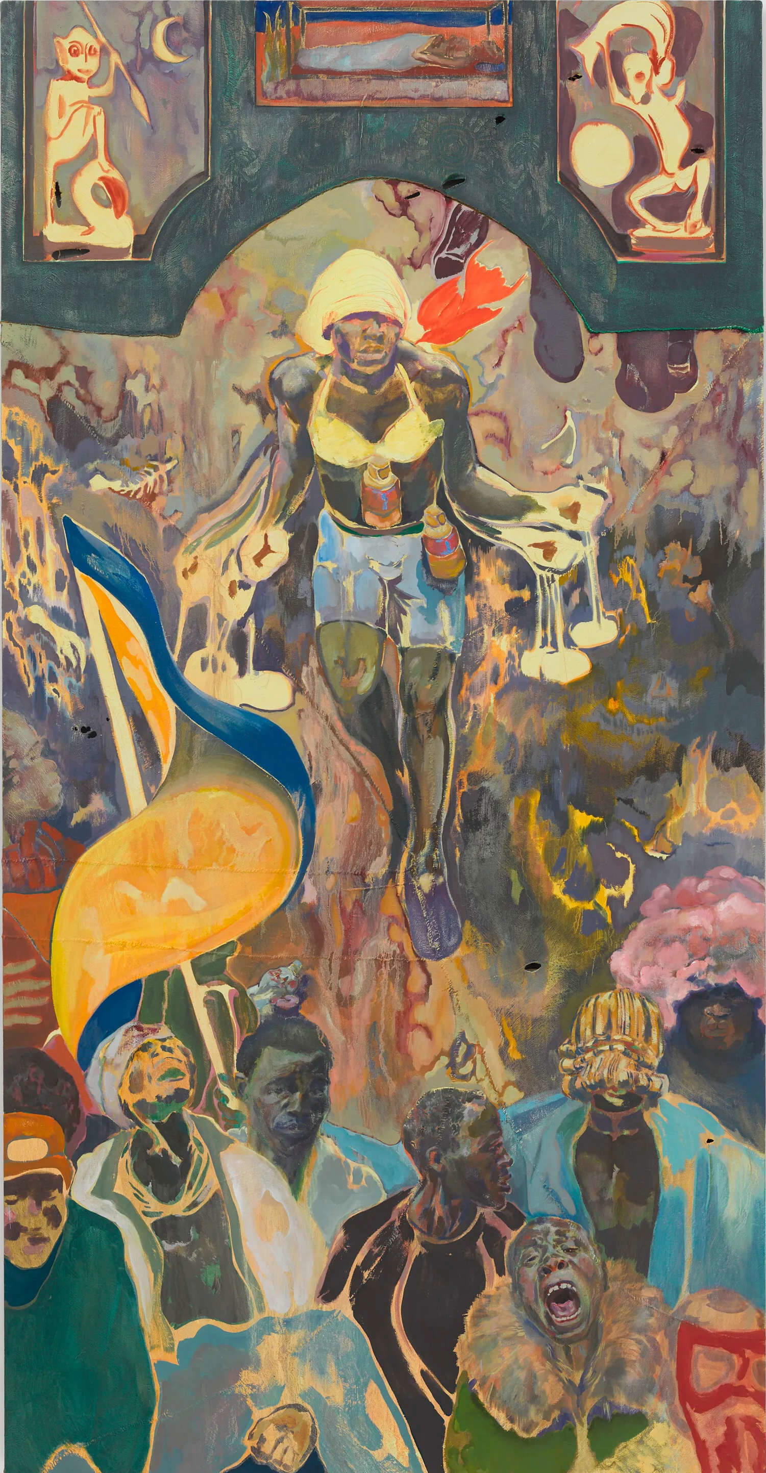 Michael Armitage, *Pathos and the Twilight of the Idle* (2019; oil on lubugo, 330 x 170 cm)