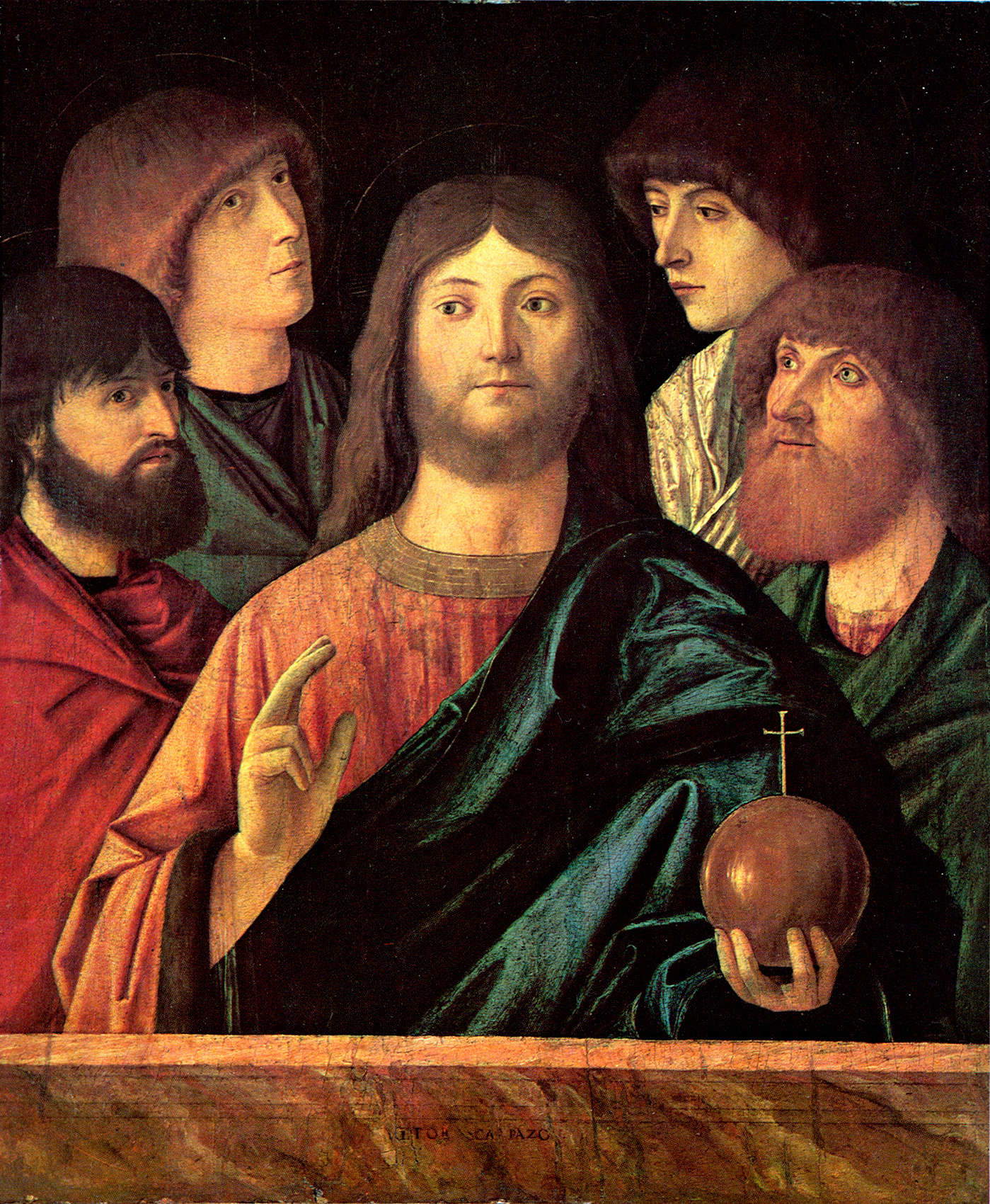 Fig. 10 &ndash; Vittore Carpaccio, *Salvator Mundi* Among Four Saints (c. 1480&ndash;1490; oil on panel, 70 x 68 cm; Calvagese, MarteS &ndash; Sorlini Art Museum)