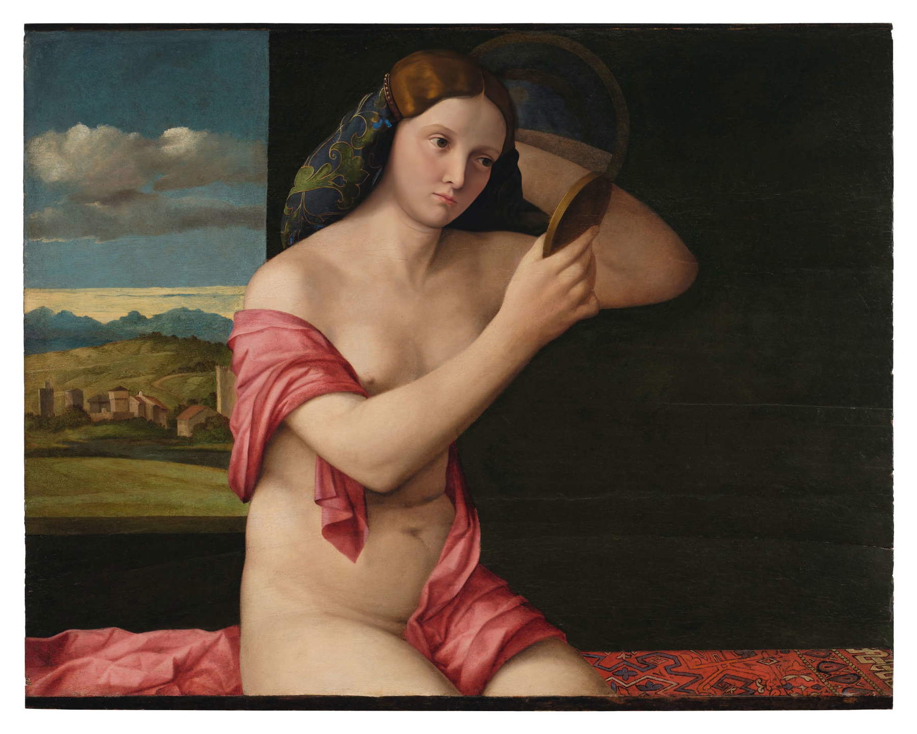Giovanni Bellini and Workshop, Woman at Her Dressing Table with a Mirror (c. 1516; oil on panel, 67.3 x 85.4 cm)