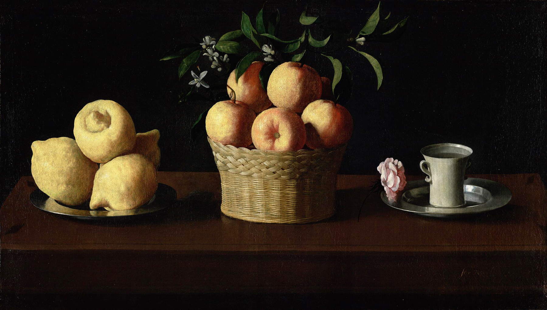 Francisco de Zurbar&aacute;n, Still Life with Lemons, Oranges, and a Rose (1633; oil on canvas, 62.2 x 109.5 cm; Pasadena, Norton Simon Museum)