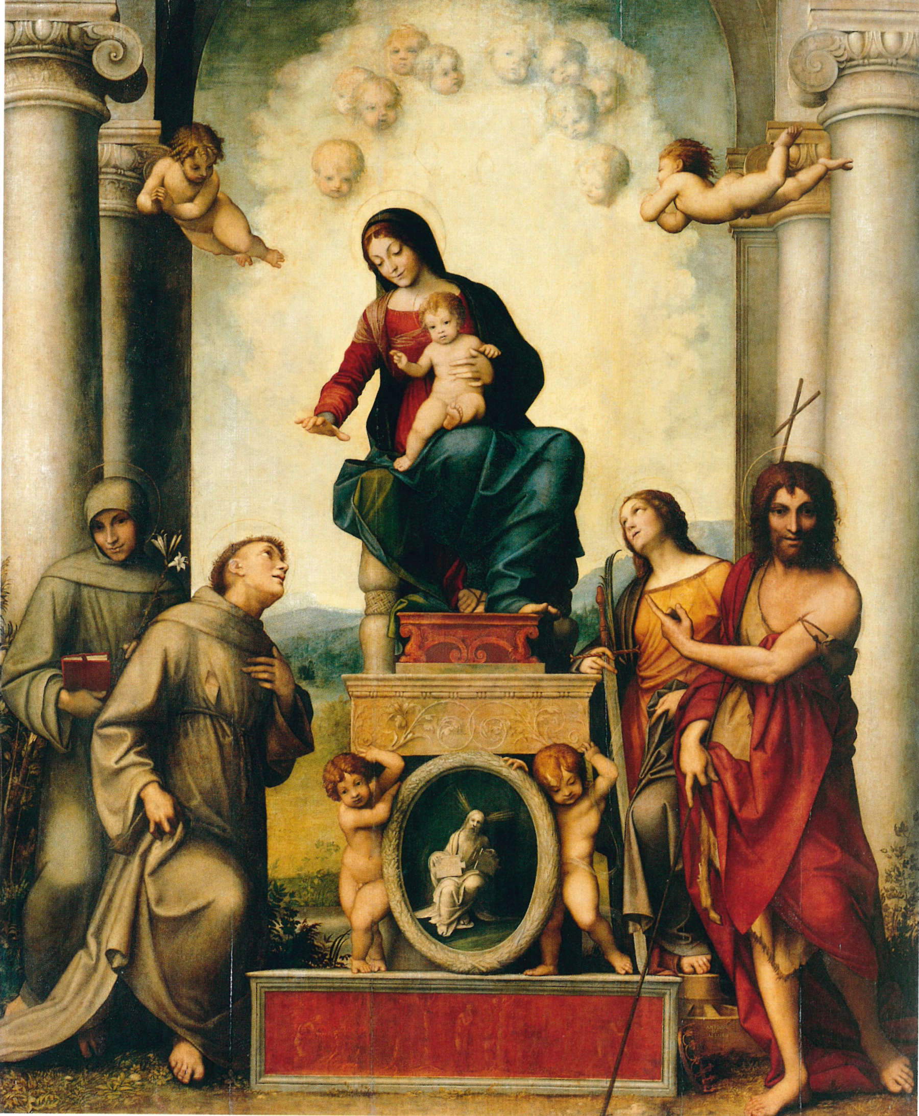 Madonna of St. Francis (oil on panel, 299 x 245 cm), formerly in the titular church in Correggio. Dresden, Gem&auml;ldegalerie.