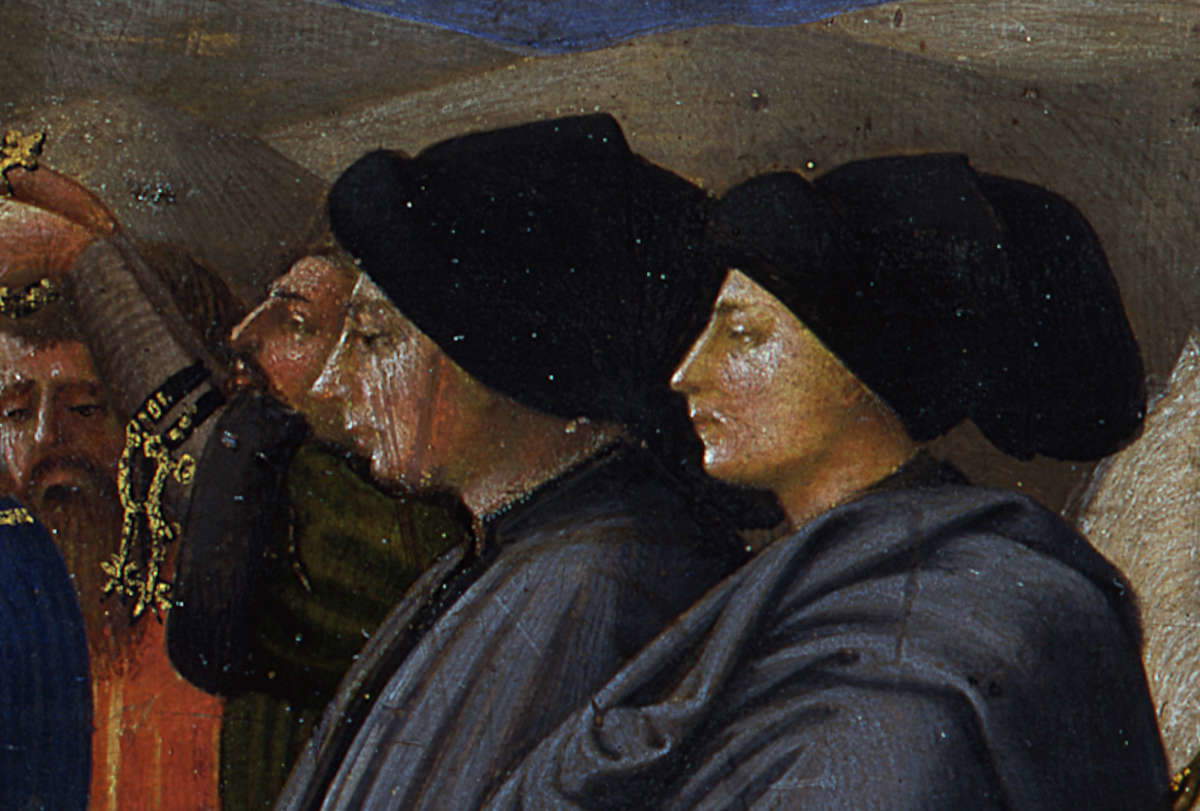 14. Masaccio, L'Adoration des Mages, détail : le commanditaire Giuliano di Colino degli Scarsi en compagnie d'un membre de sa famille