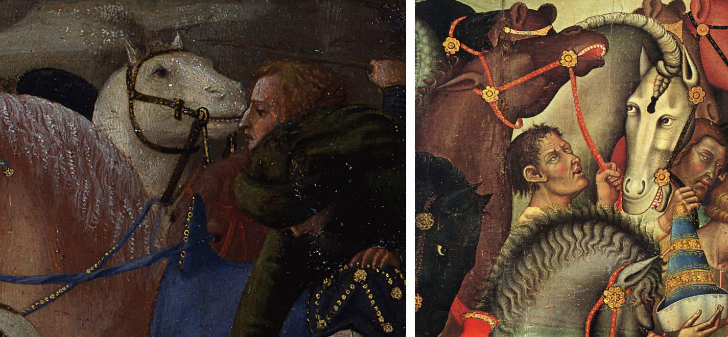 6. Masaccio, L’Adoration des Mages, détail : le cheval récalcitrant et le palefrenier qui le retient en agitant un fouet. 7. Bartolo di Fredi, L’Adoration des Mages, détail : le groupe de chevaux avec leurs palefreniers (Sienne, Pinacothèque nationale)
