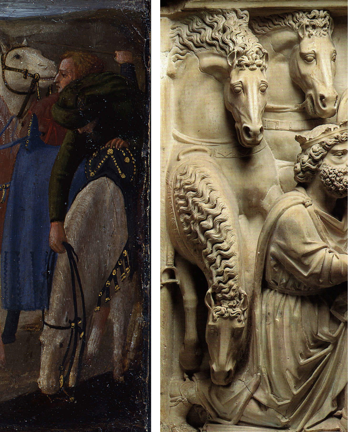 4. Masaccio, L’Adoration des Mages, détail : le cheval qui s’abreuve. 5. Nicola Pisano, Pise, chaire, baptistère, L’Adoration des Mages, les chevaux, détail