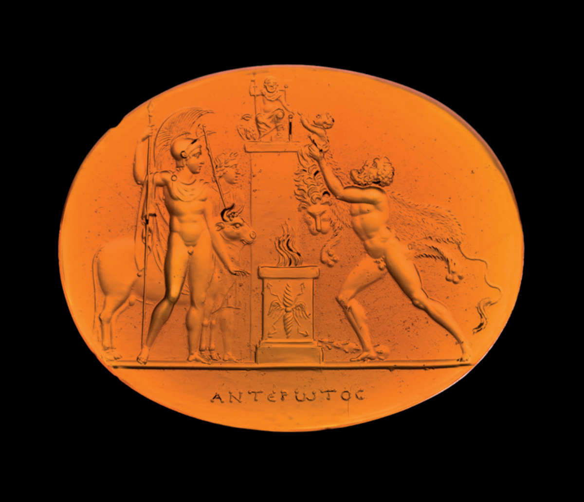 Aeneas, Anchises, Ascanius, and the Penates of Ilion (Rome, 1803/1804–1826; carved carnelian, 28 &times; 35.4 mm). Submitted by: Alessandra Di Castro