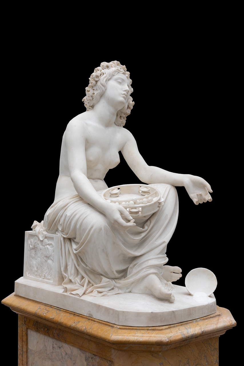 Giovanni Dupr&egrave;, Tired Bacchante (Statuario and Giallo di Siena marble, 66.5 x 109 x 87.5 cm). Presented by: Galleria Gomiero