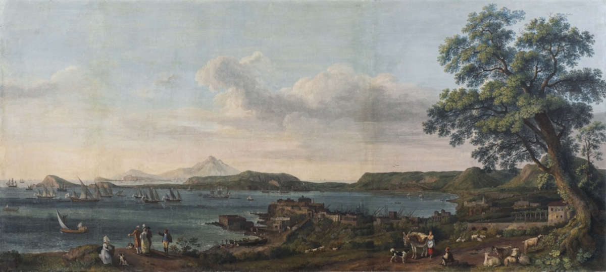 Jakob Philipp Hackert, The Gulf of Pozzuoli: The Encounter Between the Bourbon Fleet and the Maltese Fleet (tempera on canvas, 154 x 341 cm). Presented by Hartford Fine Art - Lampronti Gallery