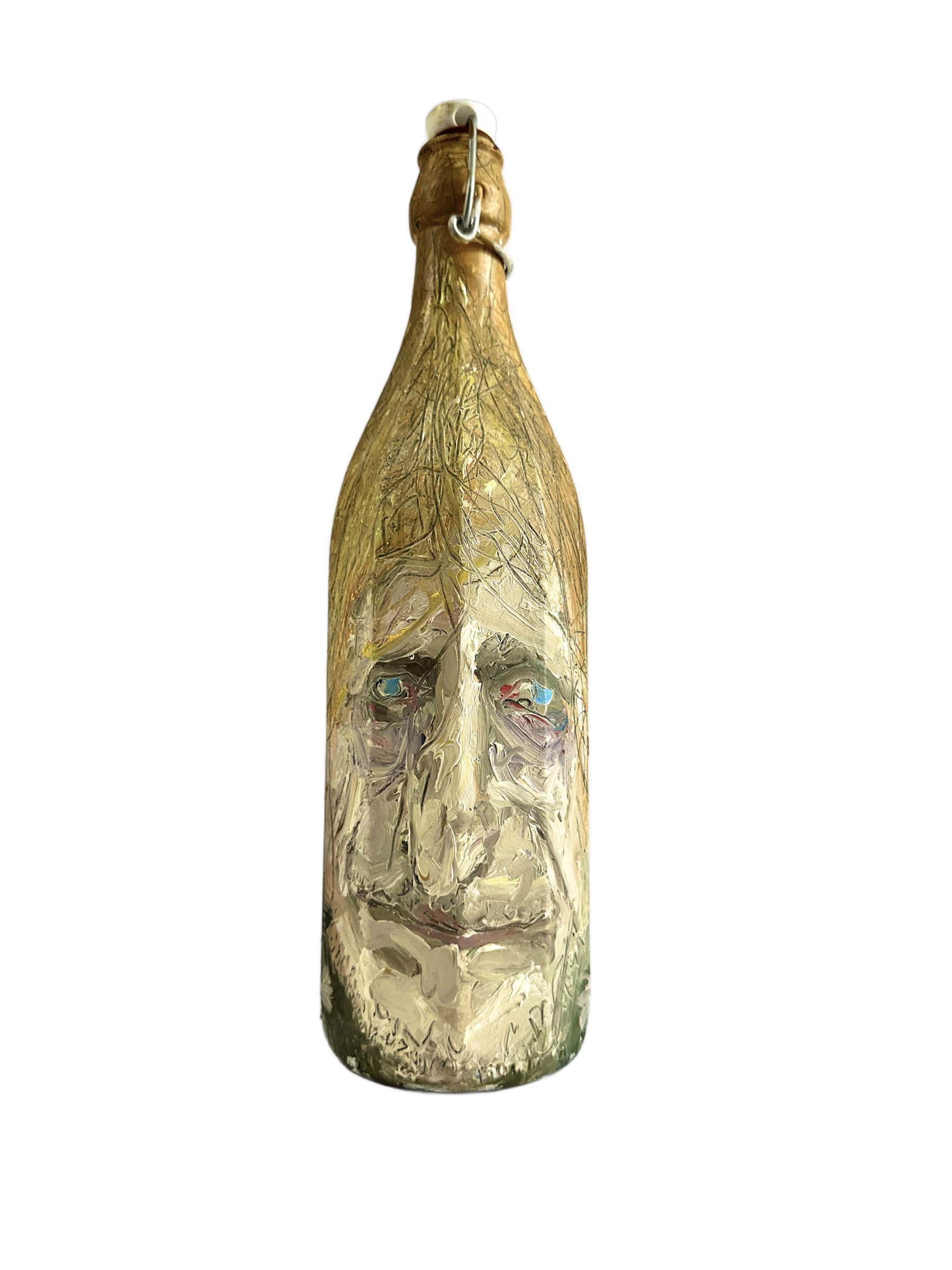 Bruno Fantelli, “Ciao prof” (2024; oil on bottle, 33 x 8 x 8 cm)