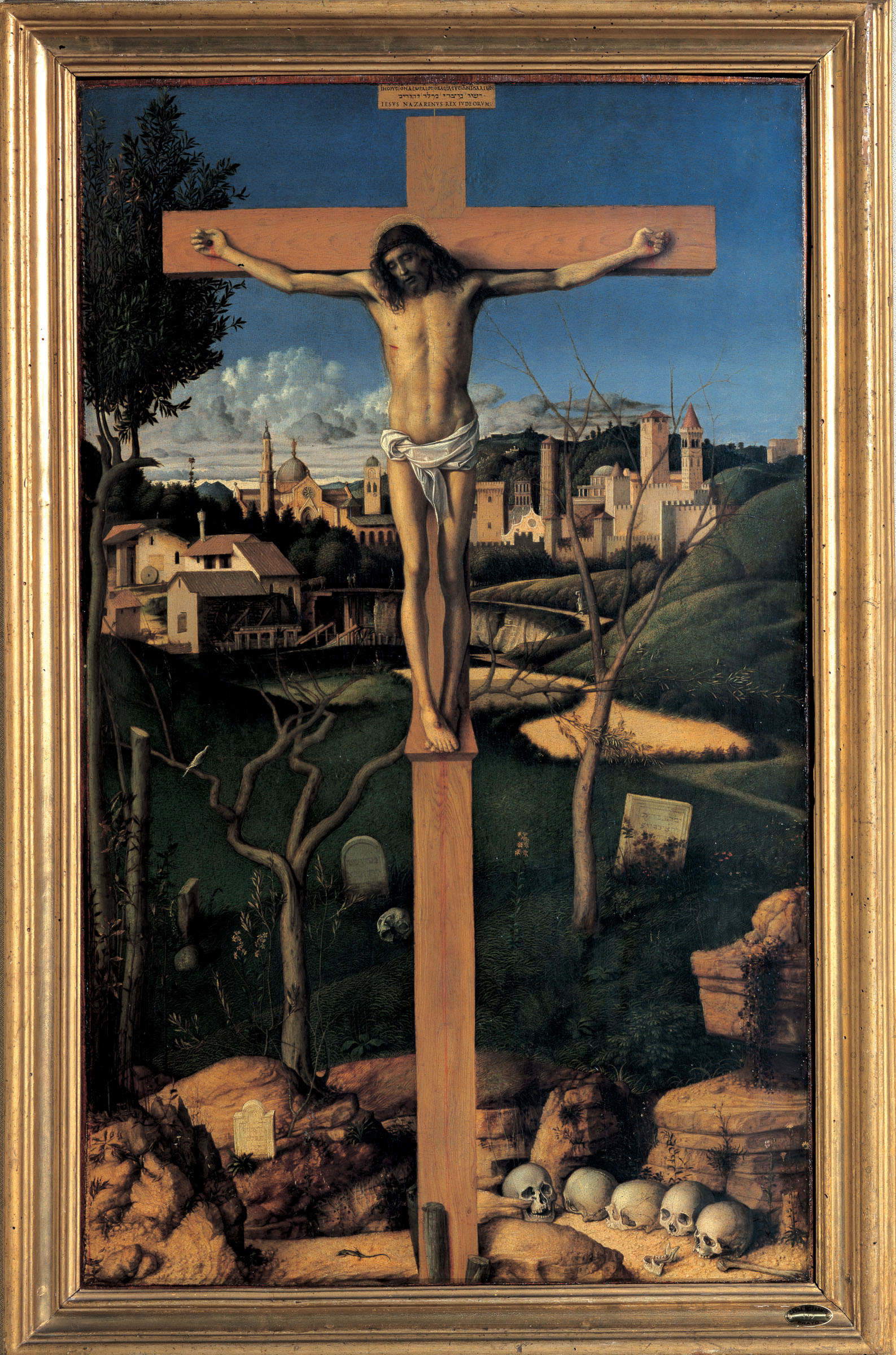 Giovanni Bellini, Kreuzigung mit jüdischem Friedhof (1480–1482 oder 1502; Öl auf Holz, 80 × 48,9 cm; Prato, Galerie des Palazzo degli Alberti)