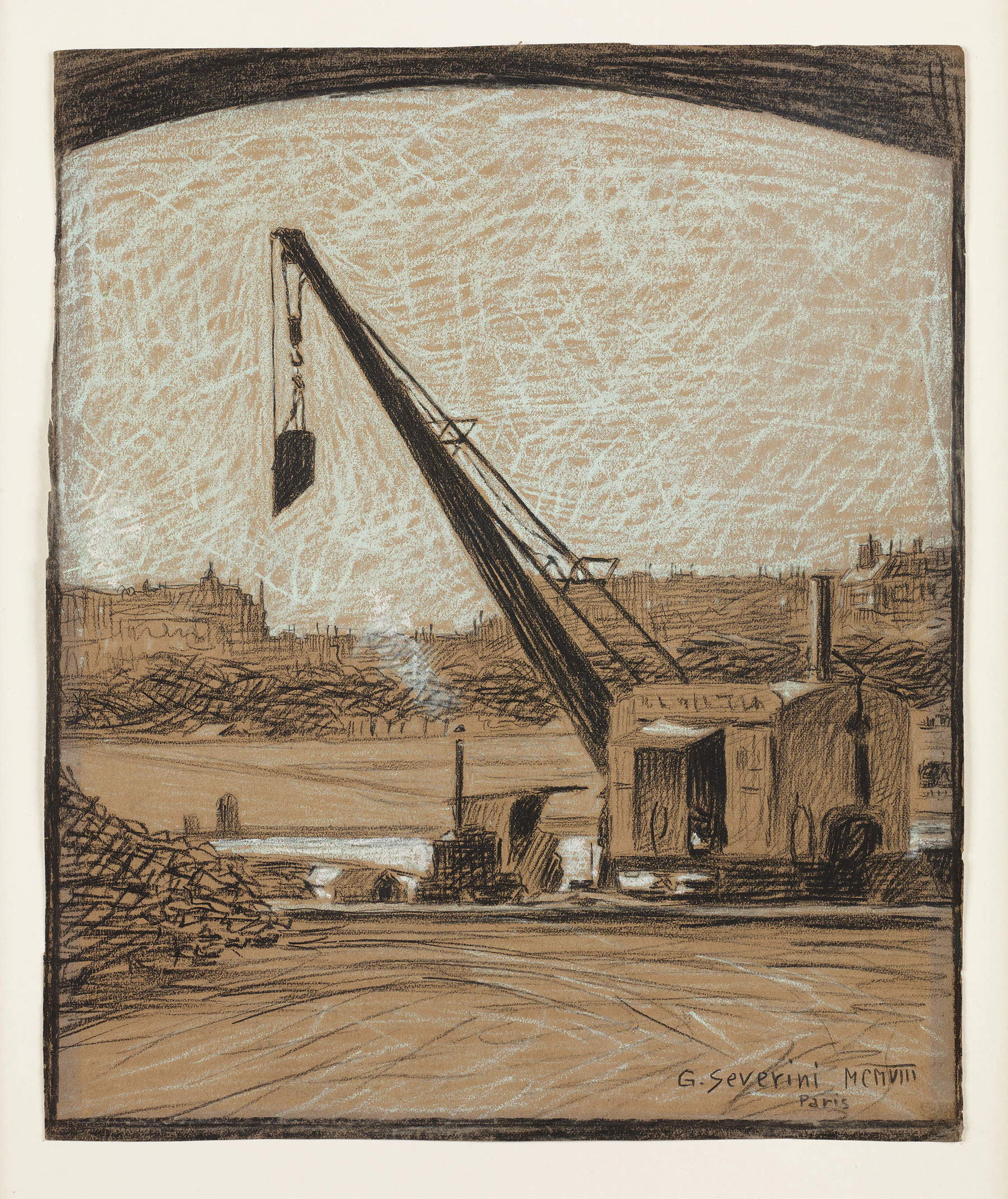 Gino Severini, „La grue“ (Die Baustelle) (1908; Kohle und Pastell auf Papier, 25,5 &times; 20,5 cm; Tortona, Pinacoteca Divisionismo). Foto: Carlo Baroni, Rovereto