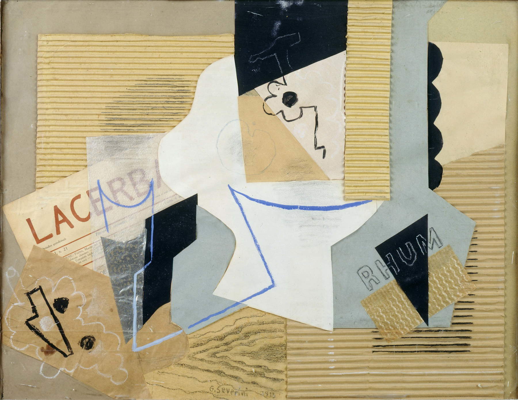 Gino Severini, Stillleben aus der Zeitschrift „Lacerba&ldquo; (1918; Collage, Aquarell, Pastell, Tinte und Bleistift auf Papier, 50 &times; 66 cm; Saint-&Eacute;tienne, Mus&eacute;e d&rsquo;art moderne et contemporain de Saint-&Eacute;tienne M&eacute;tropole, Leihgabe des Centre national des arts plastiques &ndash; Minist&egrave;re de la Culture et de la Communication). Foto: Yves Bresson / Mus&eacute;e d&rsquo;art moderne et contemporain de Saint-&Eacute;tienne M&eacute;tropole