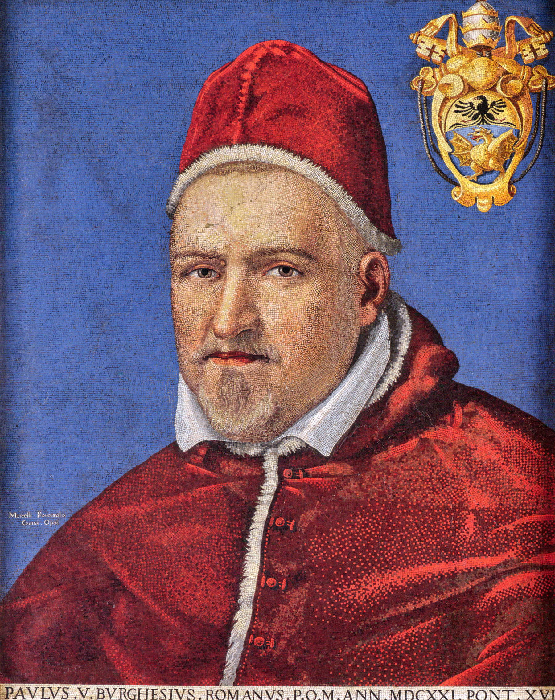 Marcello Provenzale, Portrait du pape Paul V (1621 ; mosaïque, signée, 67 x 54 cm).