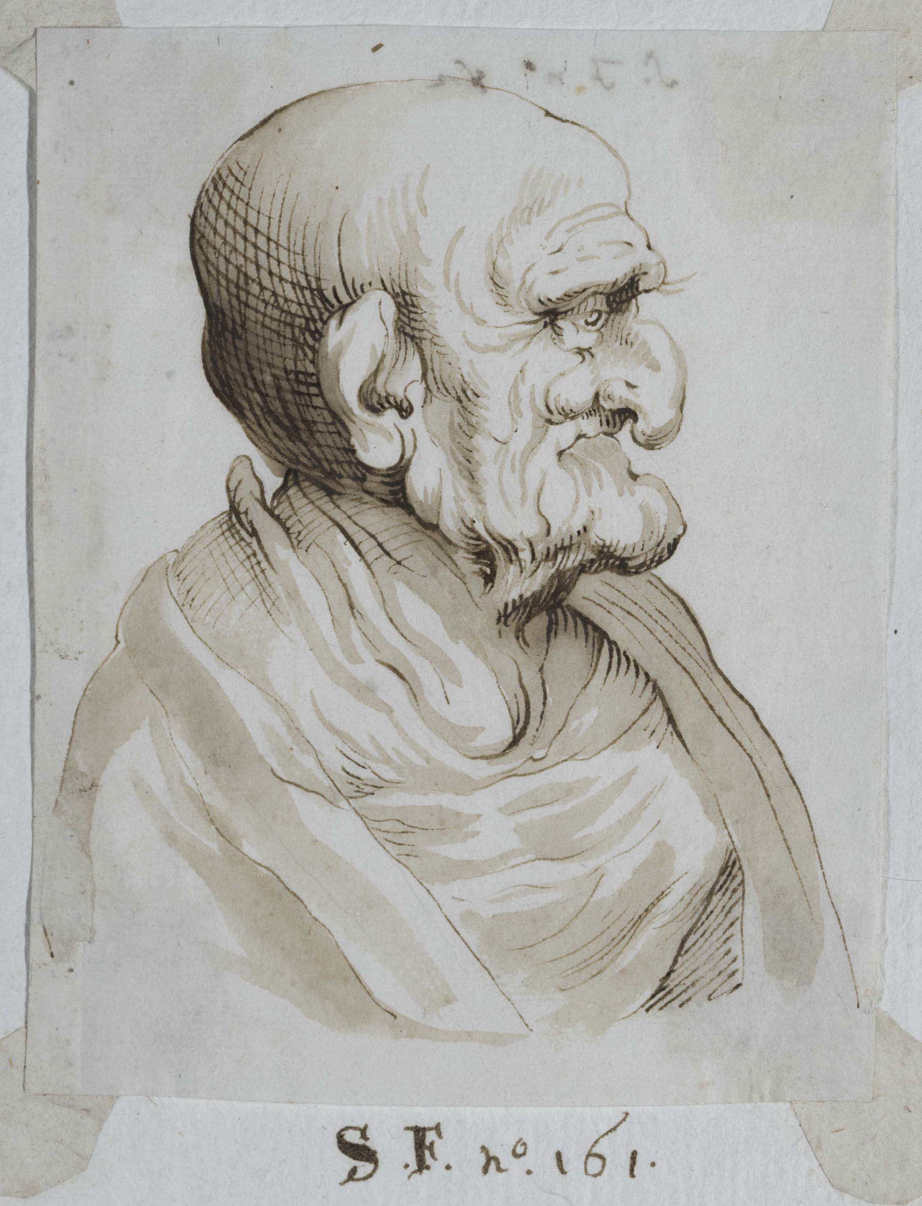 Francesco Salviati, Groteske Köpfe (16. Jahrhundert; Feder und braunes Aquarell auf Papier, ca. 115 x 78 mm; Privatsammlung)